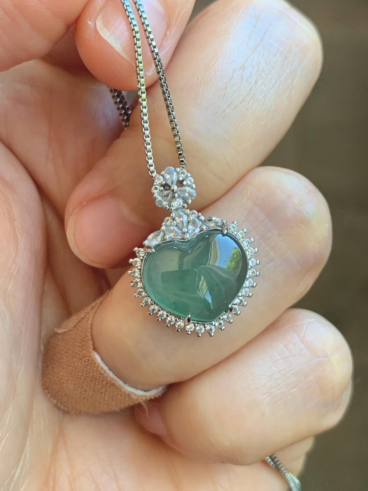 Natural Grade A Guatemalan Icy Highly Translucent Light Teal Green Jade Jadeite Heart Pendant Sterling Silver 3g 天然冰危晴绿翡翠爱心蛋面银镶吊坠 GAX150L