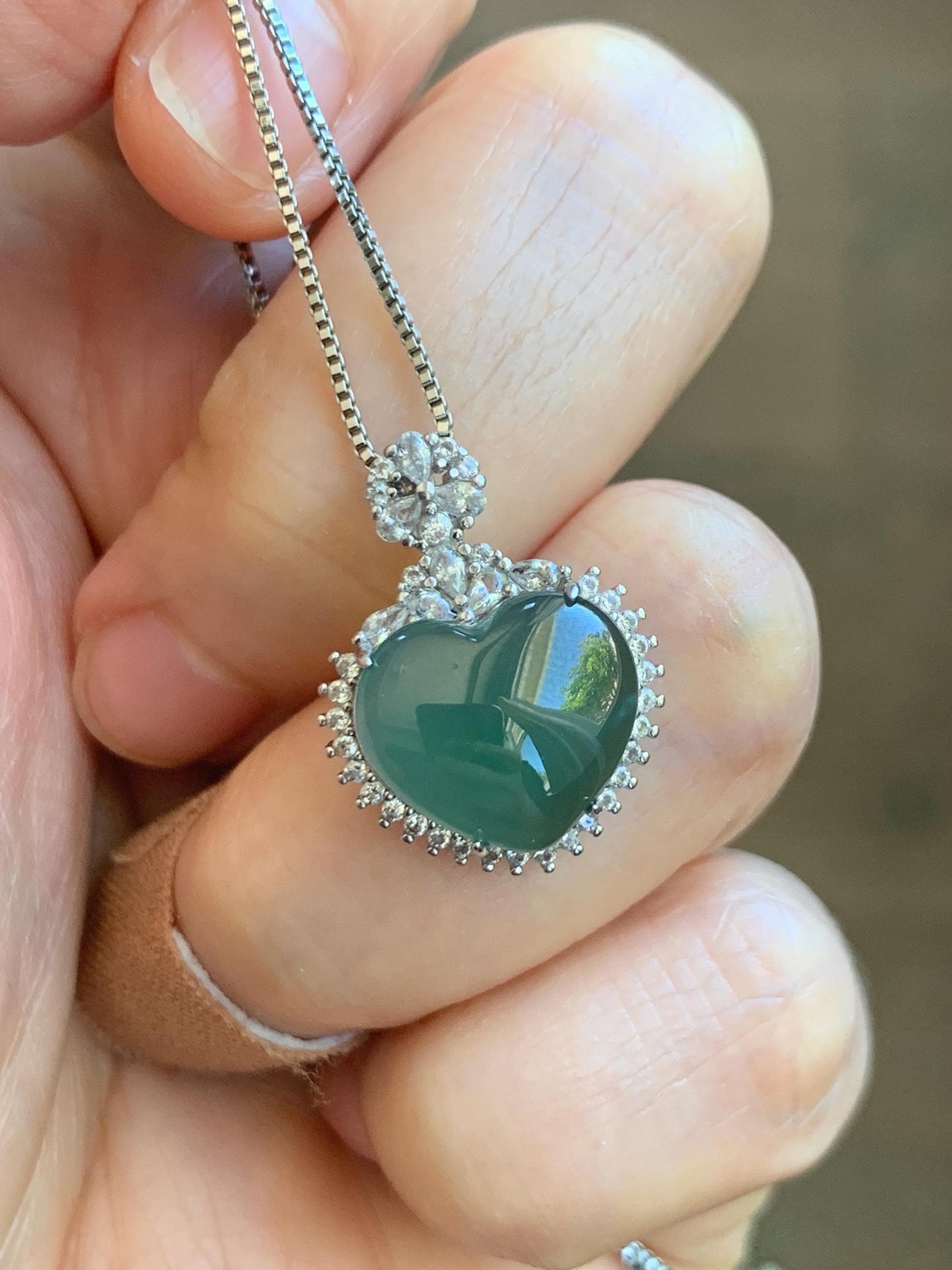 Natural Grade A Guatemalan Icy Translucent Dark Teal Green Jade Jadeite Heart Pendant Sterling Silver 3g 天然冰危深蓝绿翡翠爱心蛋面银镶吊坠 GAX150S