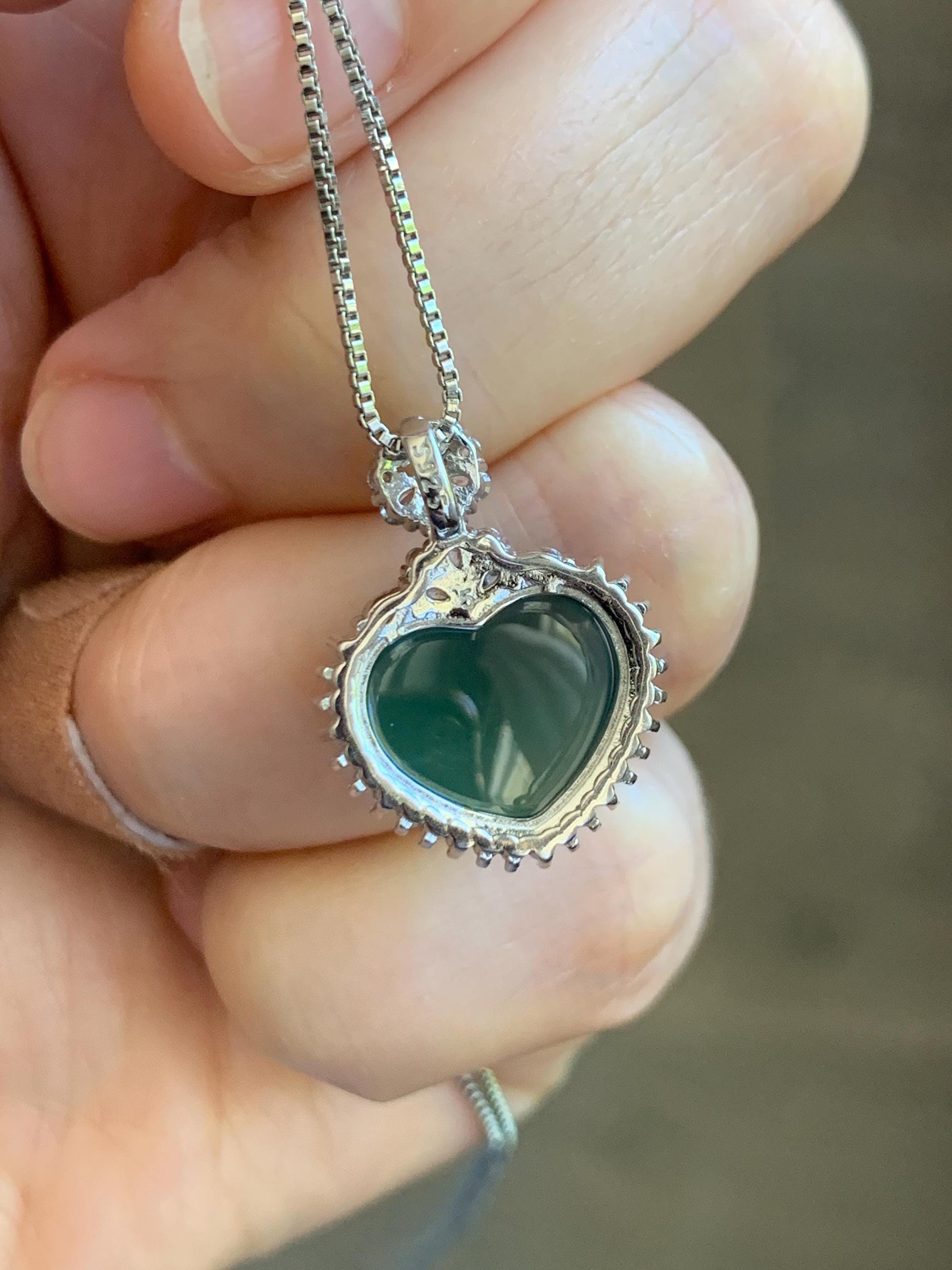 Natural Grade A Guatemalan Icy Translucent Dark Teal Green Jade Jadeite Heart Pendant Sterling Silver 3g 天然冰危深蓝绿翡翠爱心蛋面银镶吊坠 GAX150S