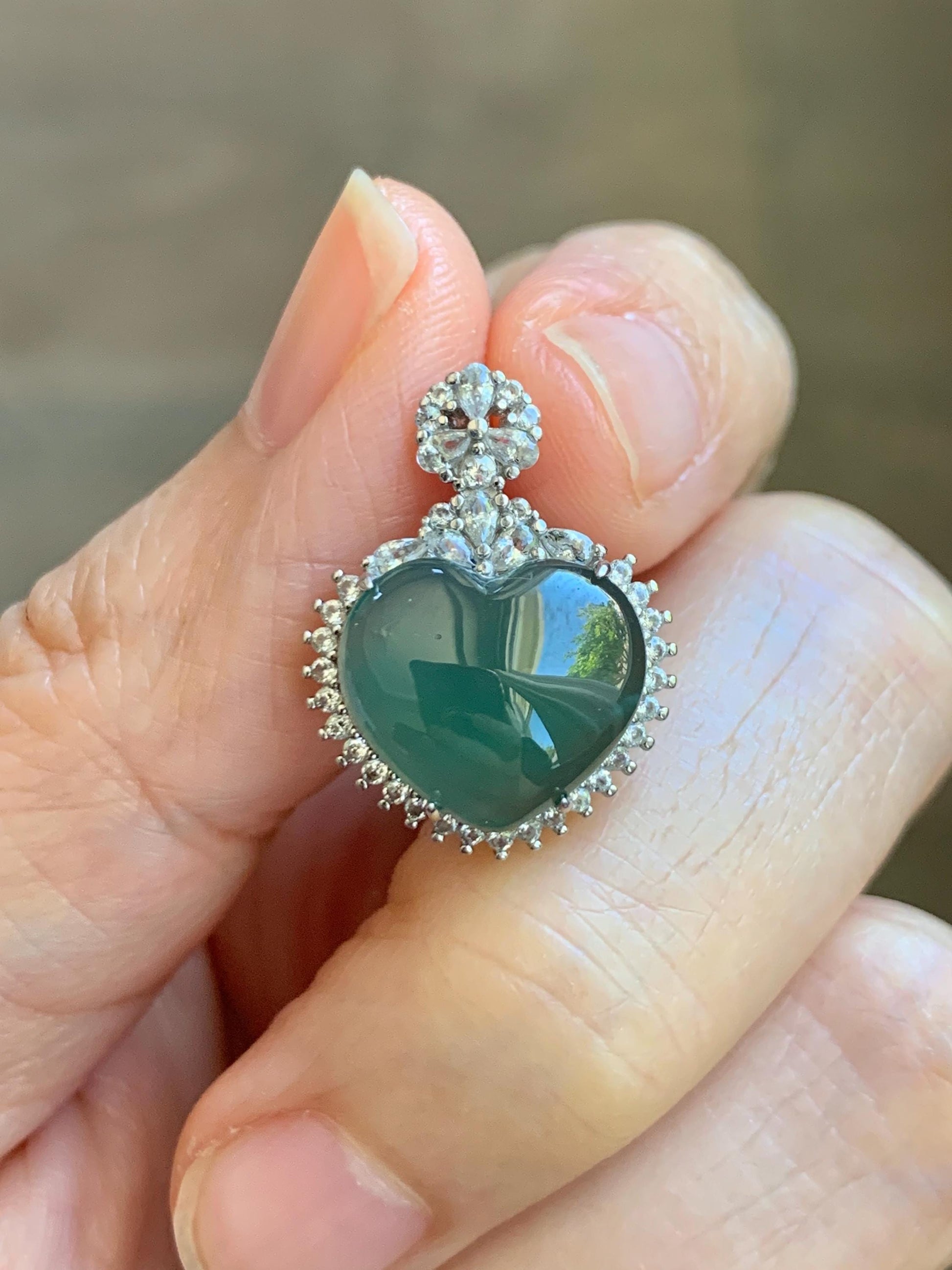 Natural Grade A Guatemalan Icy Translucent Dark Teal Green Jade Jadeite Heart Pendant Sterling Silver 3g 天然冰危深蓝绿翡翠爱心蛋面银镶吊坠 GAX150S