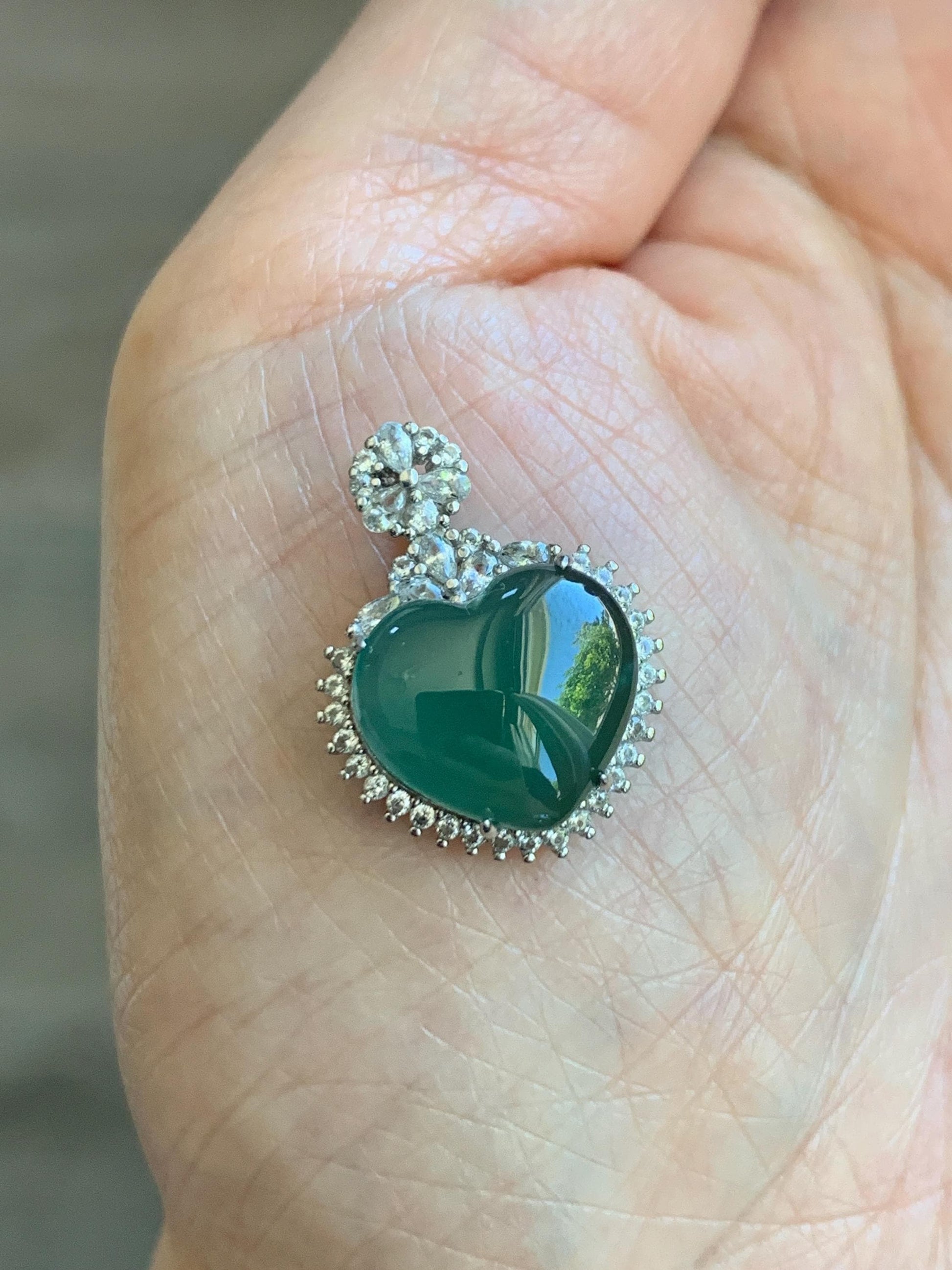 Natural Grade A Guatemalan Icy Translucent Dark Teal Green Jade Jadeite Heart Pendant Sterling Silver 3g 天然冰危深蓝绿翡翠爱心蛋面银镶吊坠 GAX150S
