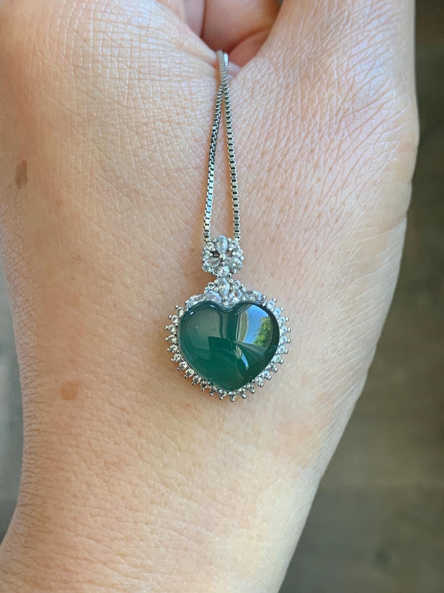 Natural Grade A Guatemalan Icy Translucent Dark Teal Green Jade Jadeite Heart Pendant Sterling Silver 3g 天然冰危深蓝绿翡翠爱心蛋面银镶吊坠 GAX150S