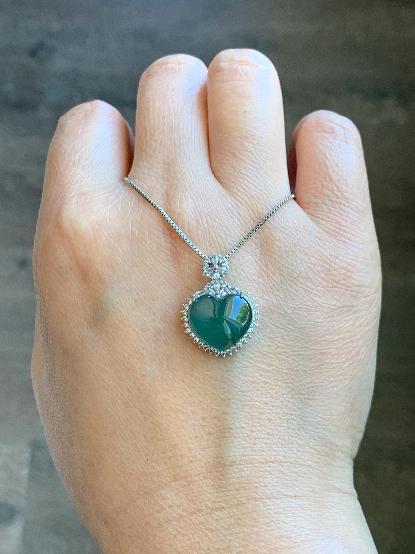 Natural Grade A Guatemalan Icy Translucent Dark Teal Green Jade Jadeite Heart Pendant Sterling Silver 3g 天然冰危深蓝绿翡翠爱心蛋面银镶吊坠 GAX150S