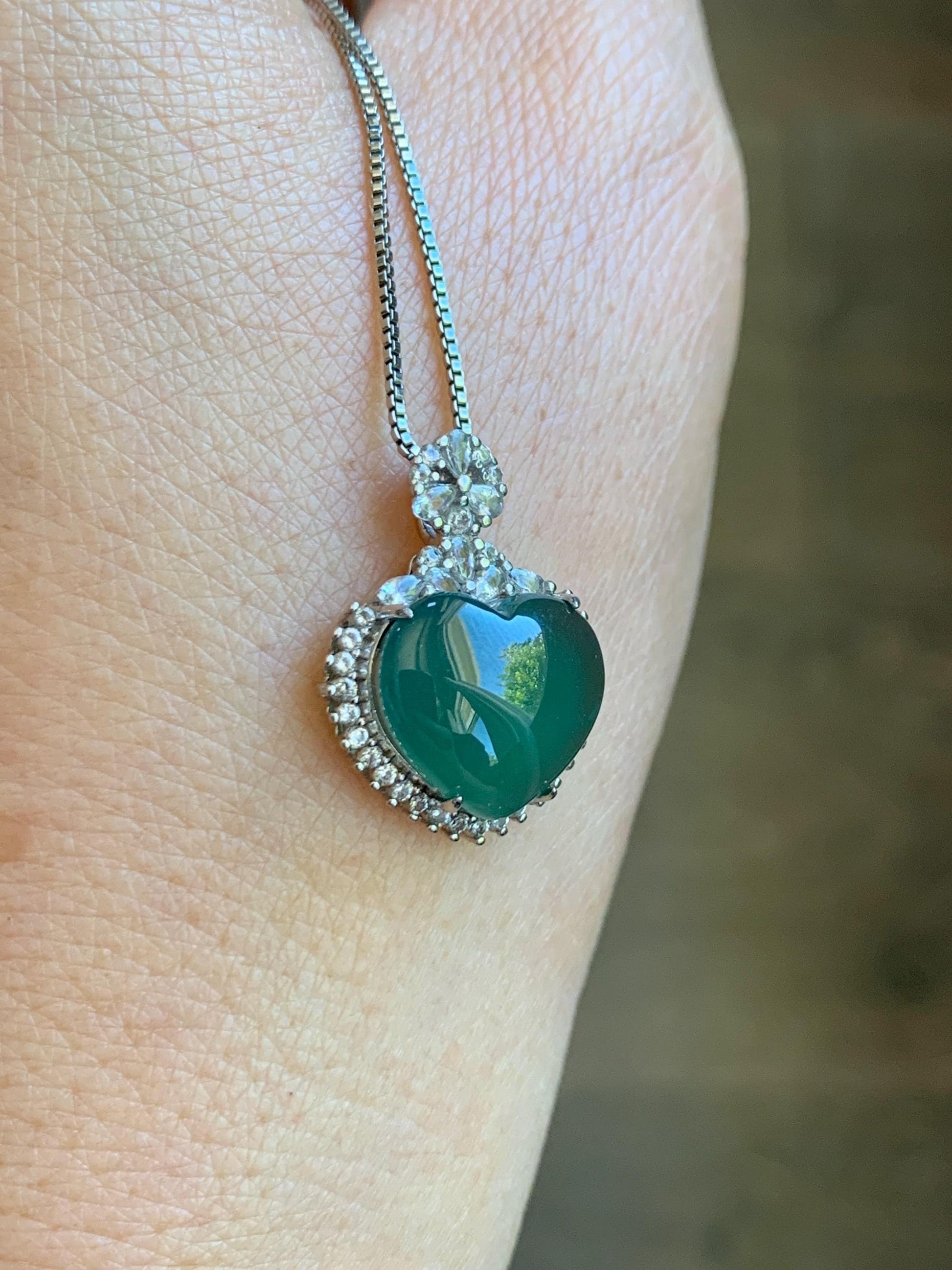 Natural Grade A Guatemalan Icy Translucent Dark Teal Green Jade Jadeite Heart Pendant Sterling Silver 3g 天然冰危深蓝绿翡翠爱心蛋面银镶吊坠 GAX150S