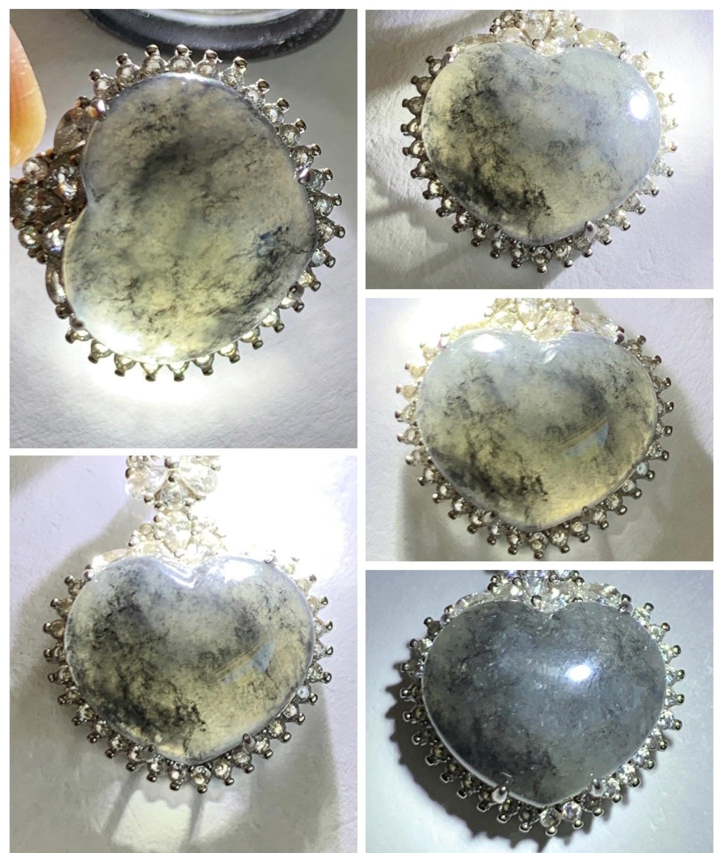 Natural Grade A Icy Highly Translucent Dark Wuji Jade Jadeite Heart Pendant Sterling Silver 3g 天然冰乌鸡翡翠爱心蛋面银镶吊坠 GAX150J