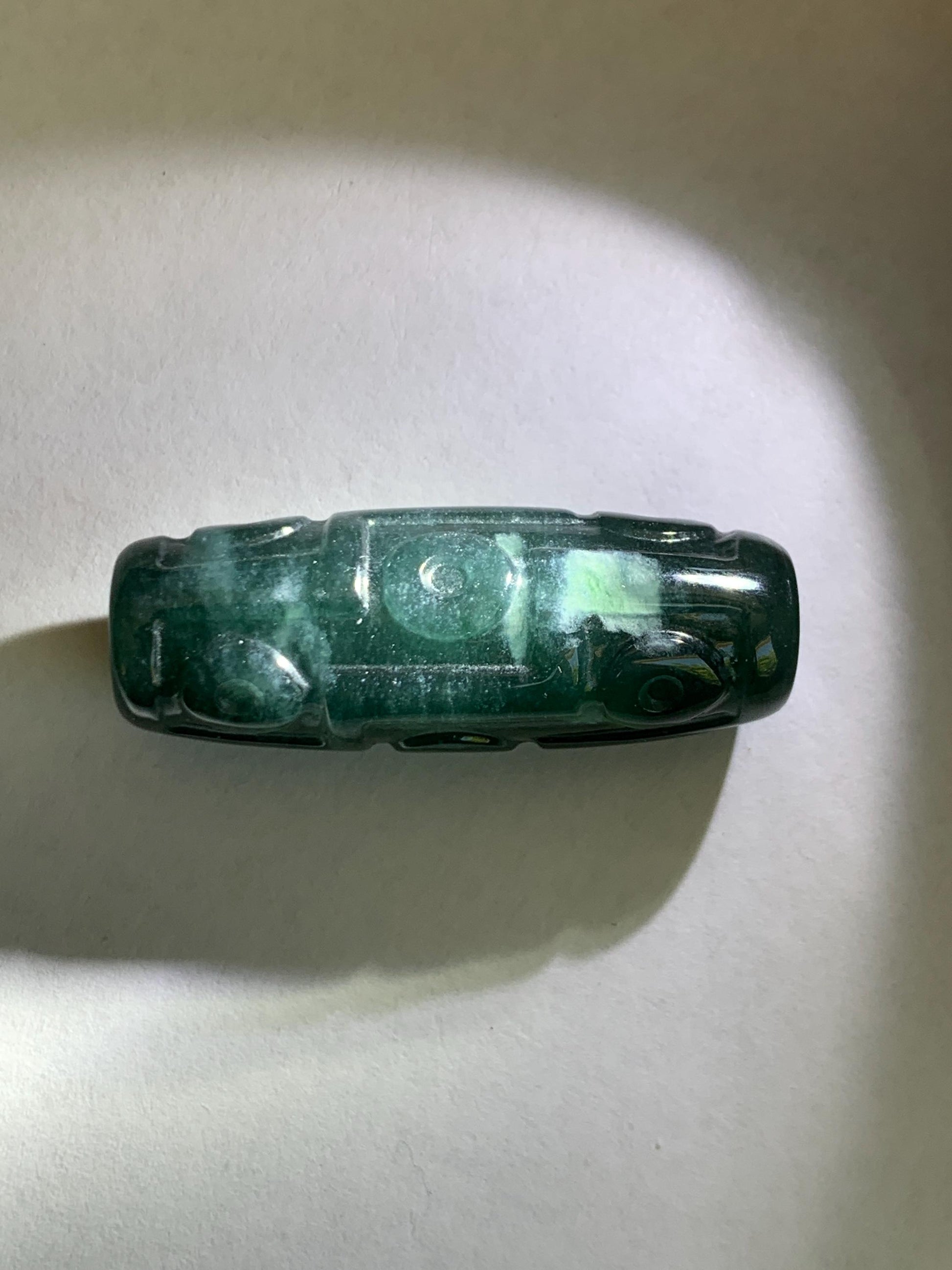 Natural Grade A Guatemalan Icy Translucent Dark Teal Blue Jade Jadeite Carved Dzi Bead Heavens Bead Pendant 12g 天然冰危深蓝翡翠天珠 WTZ120A