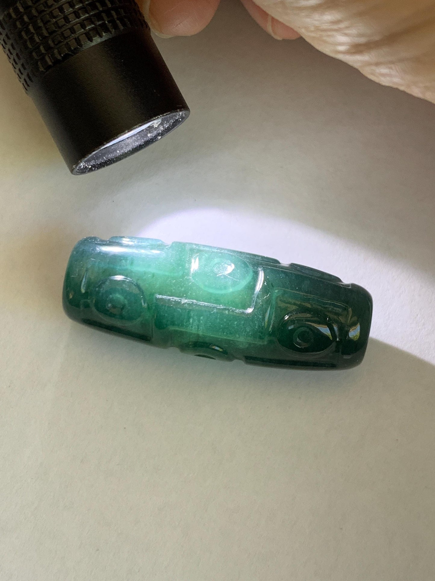 Natural Grade A Guatemalan Icy Translucent Dark Teal Blue Jade Jadeite Carved Dzi Bead Heavens Bead Pendant 12g 天然冰危深蓝翡翠天珠 WTZ120A