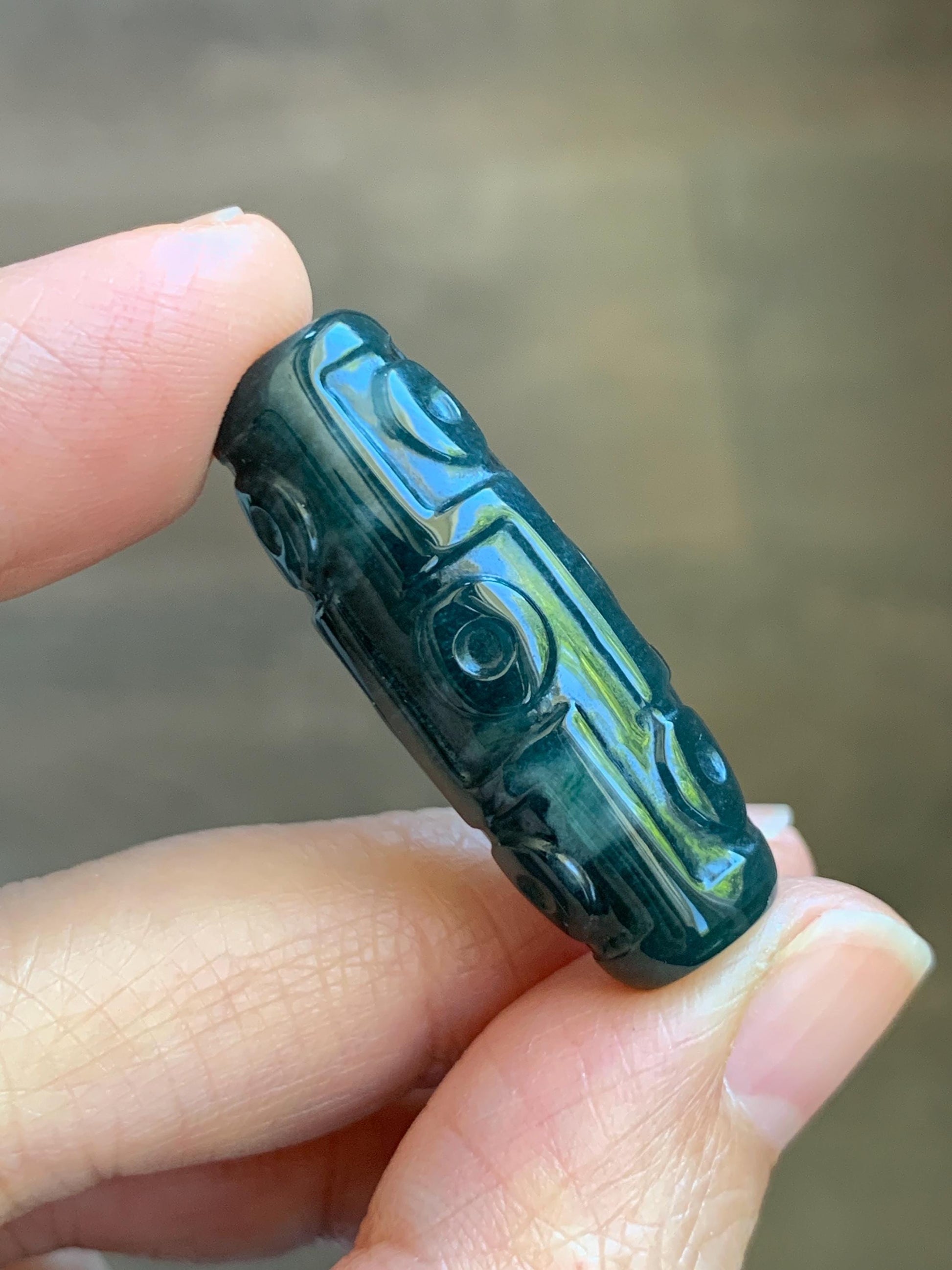 Natural Grade A Guatemalan Icy Translucent Dark Teal Blue Jade Jadeite Carved Dzi Bead Heavens Bead Pendant 12g 天然冰危深蓝翡翠天珠 WTZ120A
