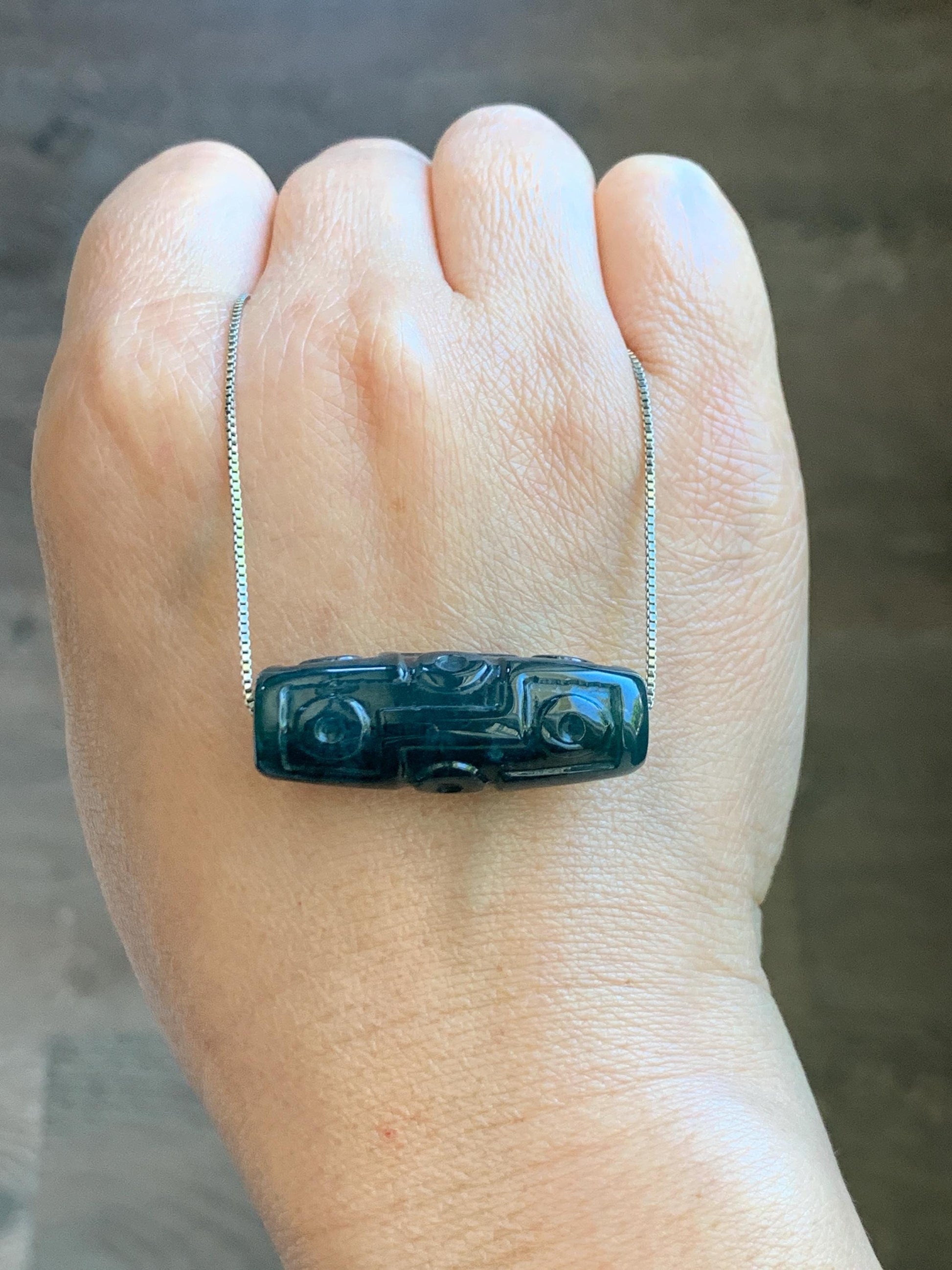 Natural Grade A Guatemalan Icy Translucent Dark Teal Blue Jade Jadeite Carved Dzi Bead Heavens Bead Pendant 12g 天然冰危深蓝翡翠天珠 WTZ120A
