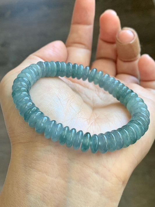 Natural Grade A Guatemalan Icy Translucent Light Dusty Blue Jade Jadeite Drum Beads Beaded Bracelet Stretchy 6.75” 28g 天然冰危浅蓝翡翠鼓珠手串 WDB330B