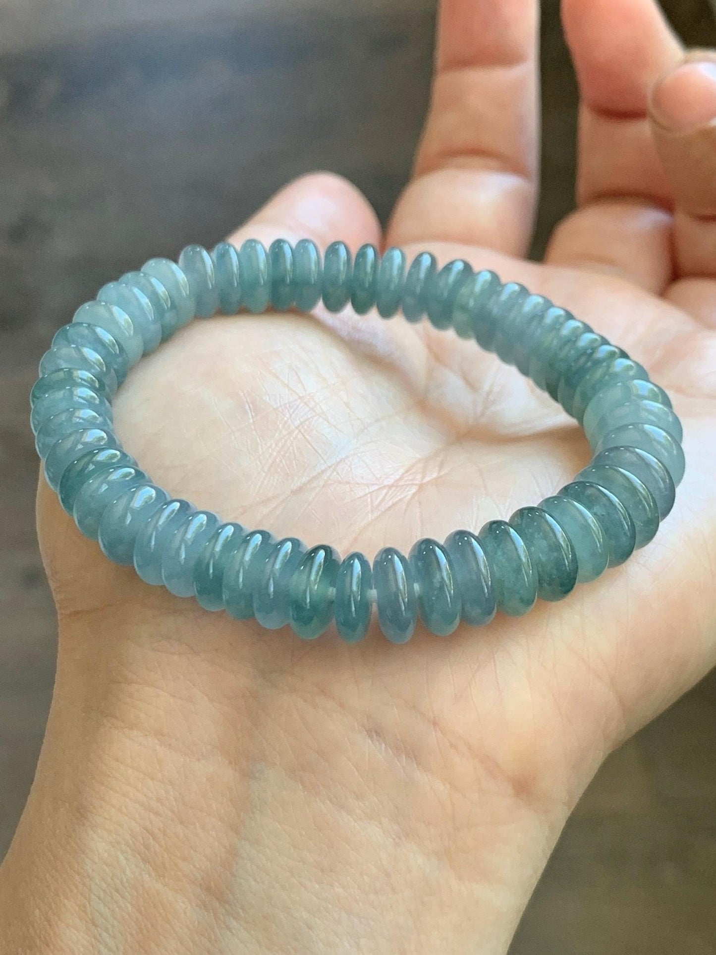 Natural Grade A Guatemalan Icy Translucent Light Dusty Blue Jade Jadeite Drum Beads Beaded Bracelet Stretchy 6.75” 28g 天然冰危浅蓝翡翠鼓珠手串 WDB330B