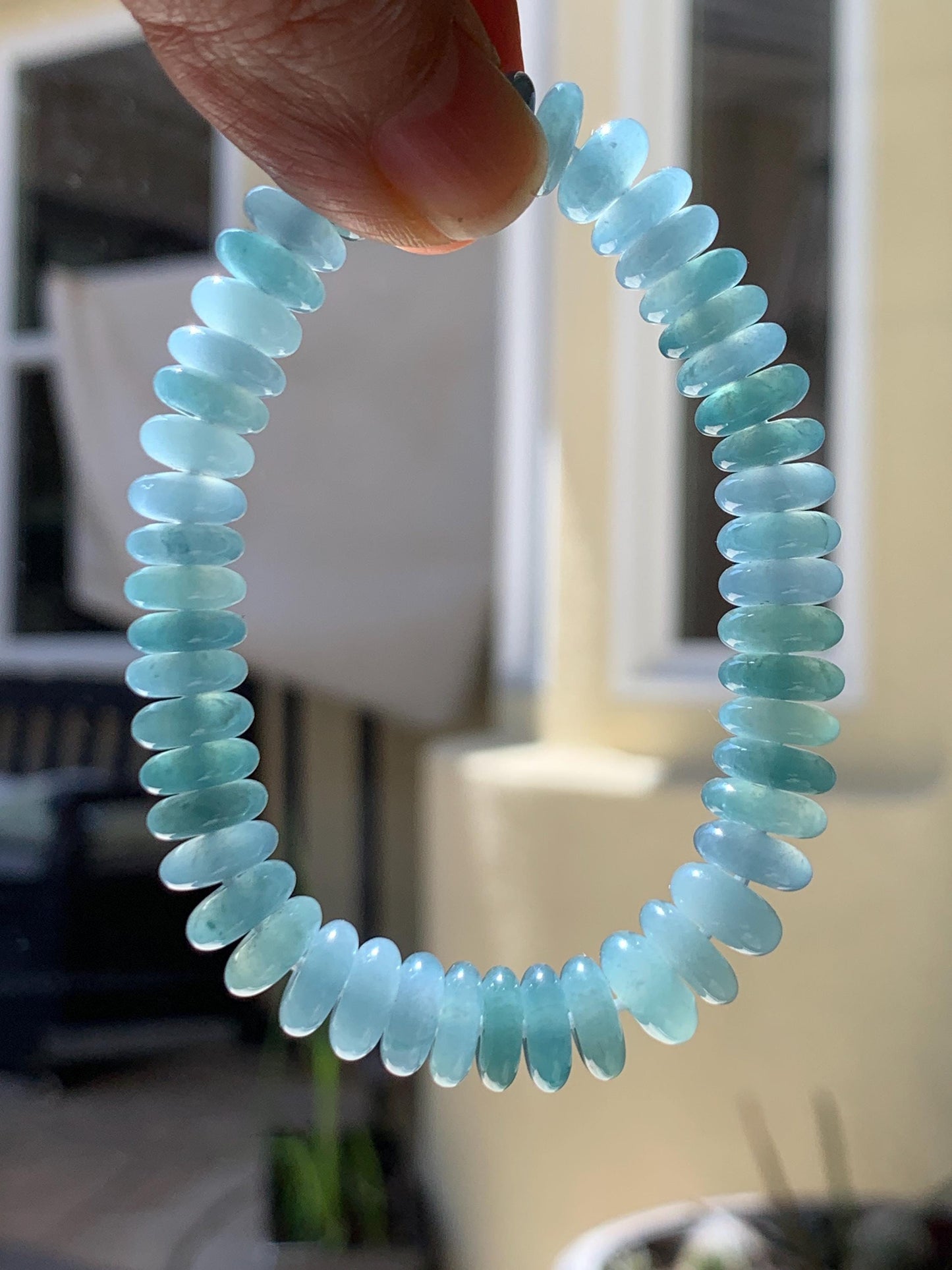 Natural Grade A Guatemalan Icy Translucent Light Dusty Blue Jade Jadeite Drum Beads Beaded Bracelet Stretchy 6.75” 28g 天然冰危浅蓝翡翠鼓珠手串 WDB330B