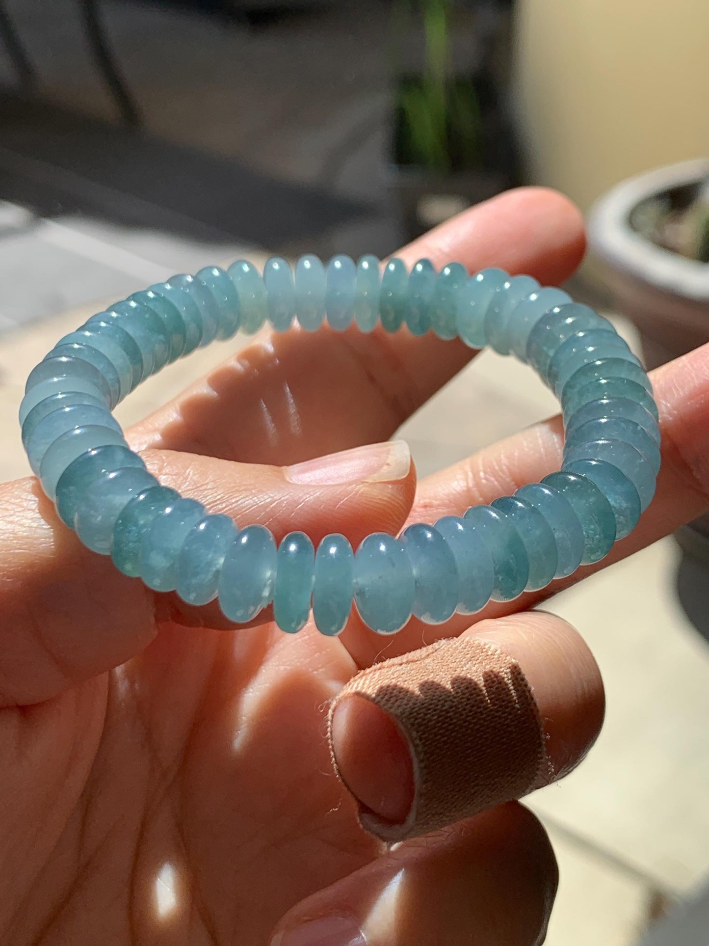 Natural Grade A Guatemalan Icy Translucent Light Dusty Blue Jade Jadeite Drum Beads Beaded Bracelet Stretchy 6.75” 28g 天然冰危浅蓝翡翠鼓珠手串 WDB330B