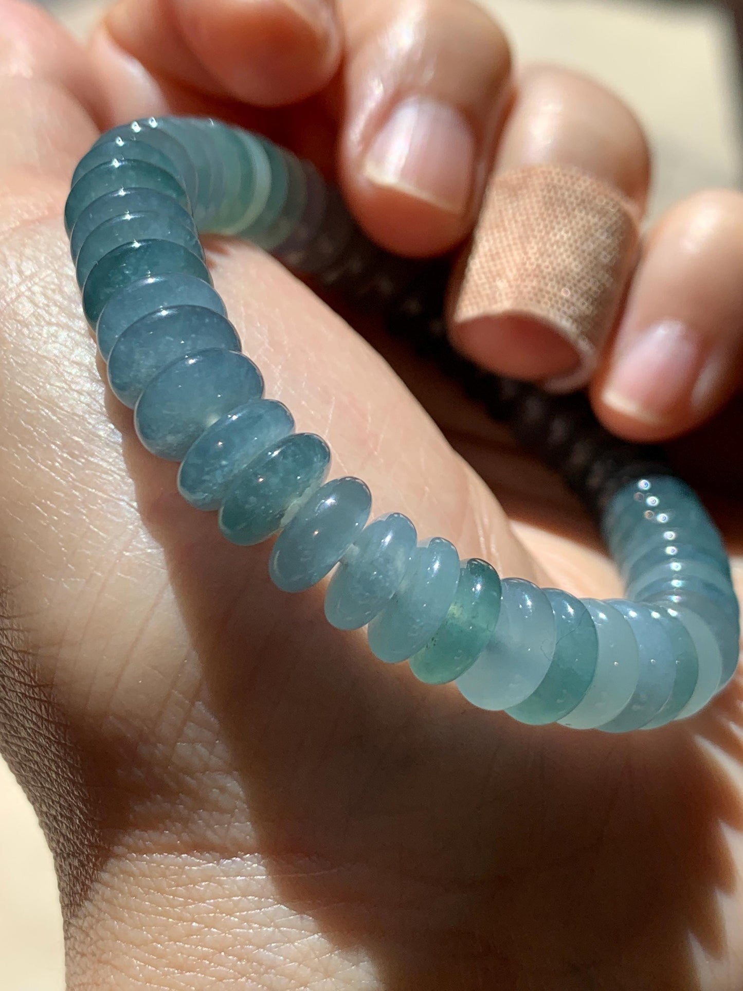 Natural Grade A Guatemalan Icy Translucent Light Dusty Blue Jade Jadeite Drum Beads Beaded Bracelet Stretchy 6.75” 28g 天然冰危浅蓝翡翠鼓珠手串 WDB330B
