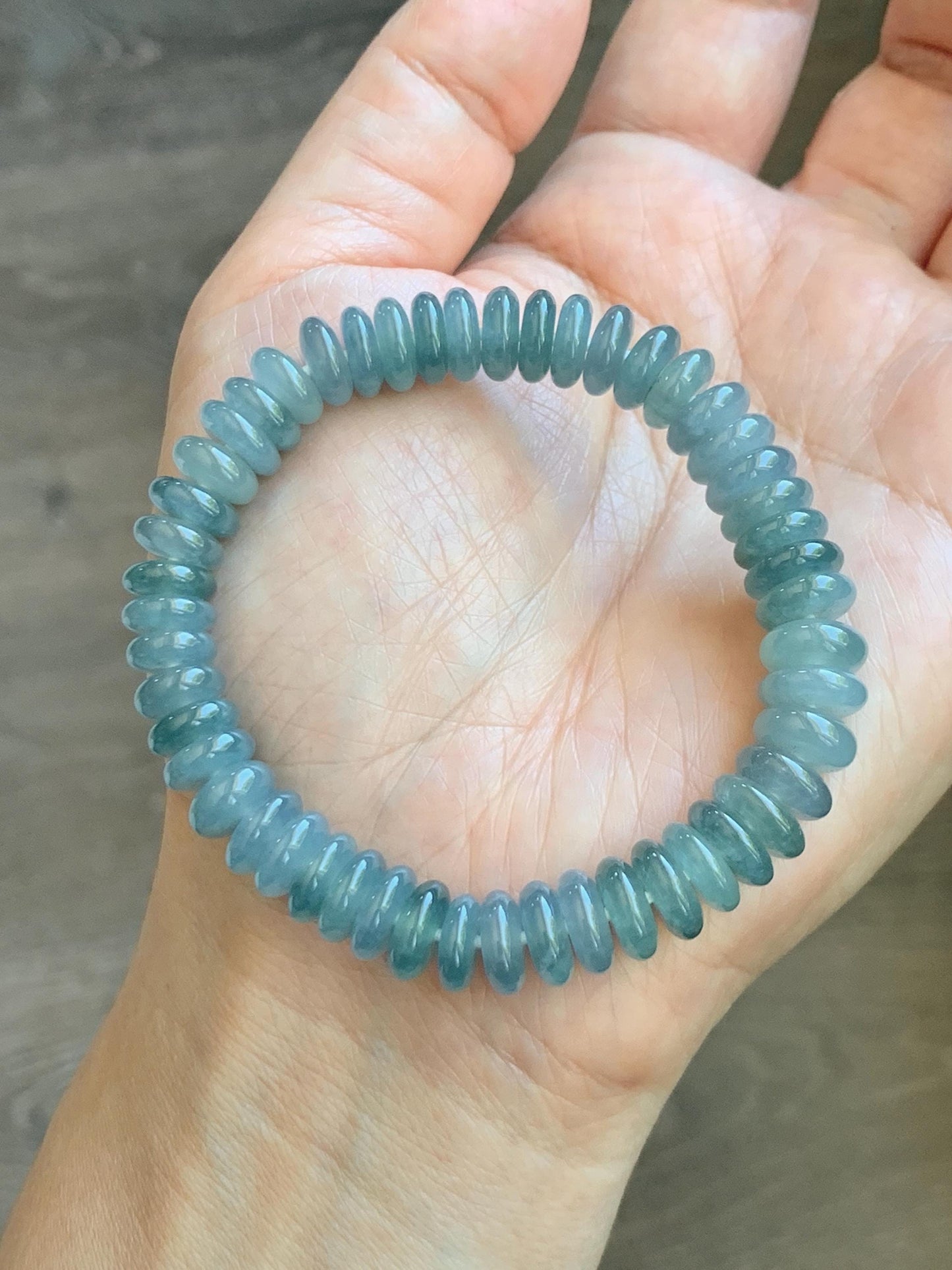 Natural Grade A Guatemalan Icy Translucent Light Dusty Blue Jade Jadeite Drum Beads Beaded Bracelet Stretchy 6.75” 28g 天然冰危浅蓝翡翠鼓珠手串 WDB330B