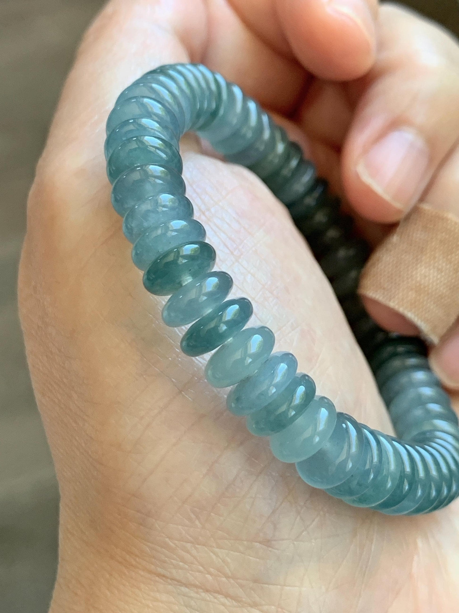 Natural Grade A Guatemalan Icy Translucent Light Dusty Blue Jade Jadeite Drum Beads Beaded Bracelet Stretchy 6.75” 28g 天然冰危浅蓝翡翠鼓珠手串 WDB330B