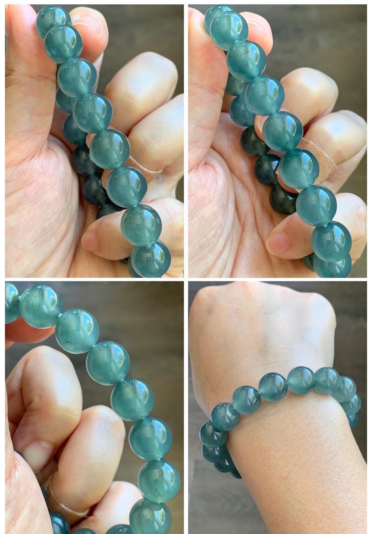 Certified Natural Grade A Guatemalan Icy Highly Translucent Teal Green Jade Jadeite Beads Beaded Bracelet 11.7mm 7.25” 47g 天然冰胶起光危晴蓝翡翠手串 459