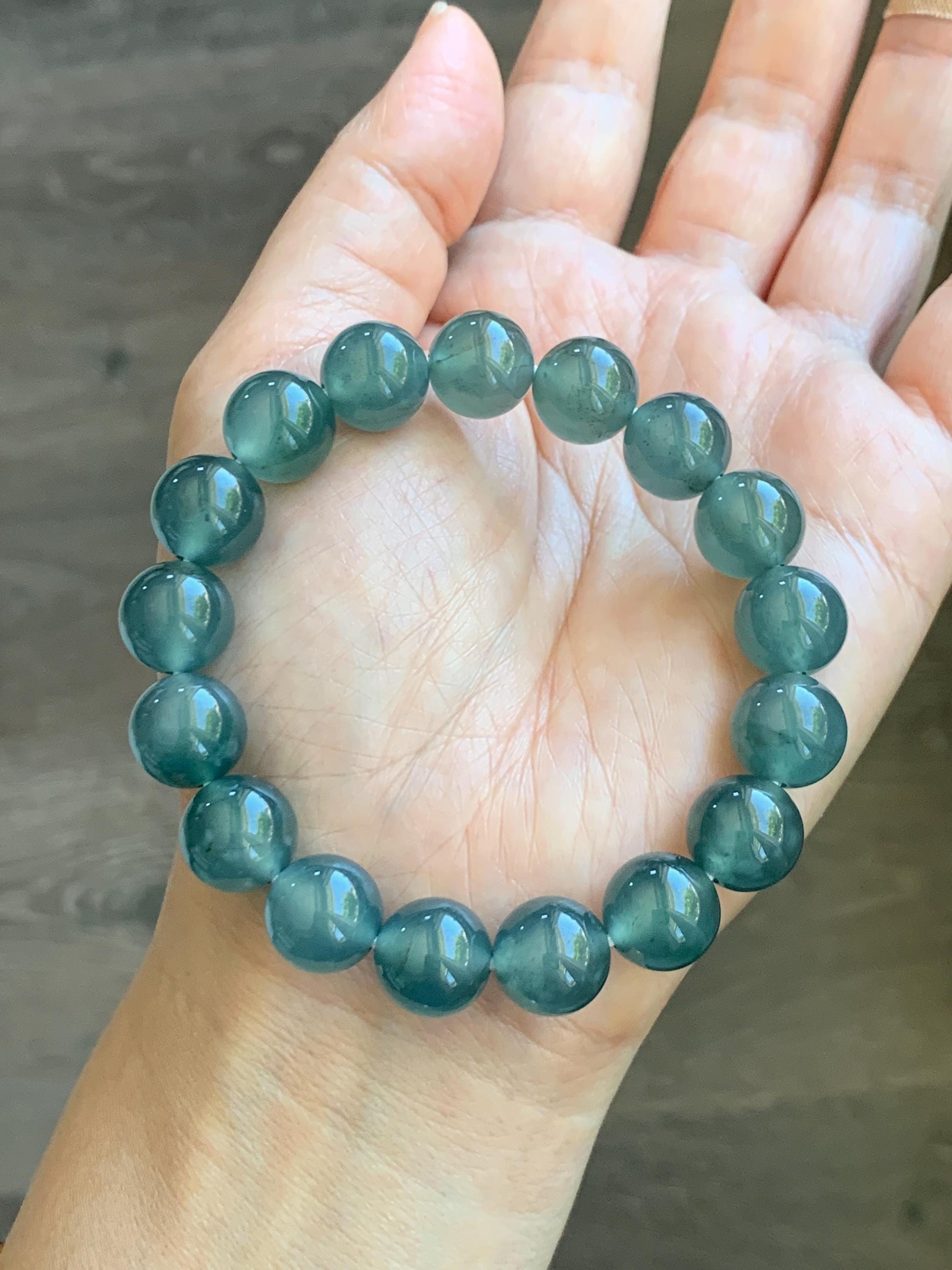 Certified Natural Grade A Guatemalan Icy Highly Translucent Teal Green Jade Jadeite Beads Beaded Bracelet 11.7mm 7.25” 47g 天然冰胶起光危晴蓝翡翠手串 459