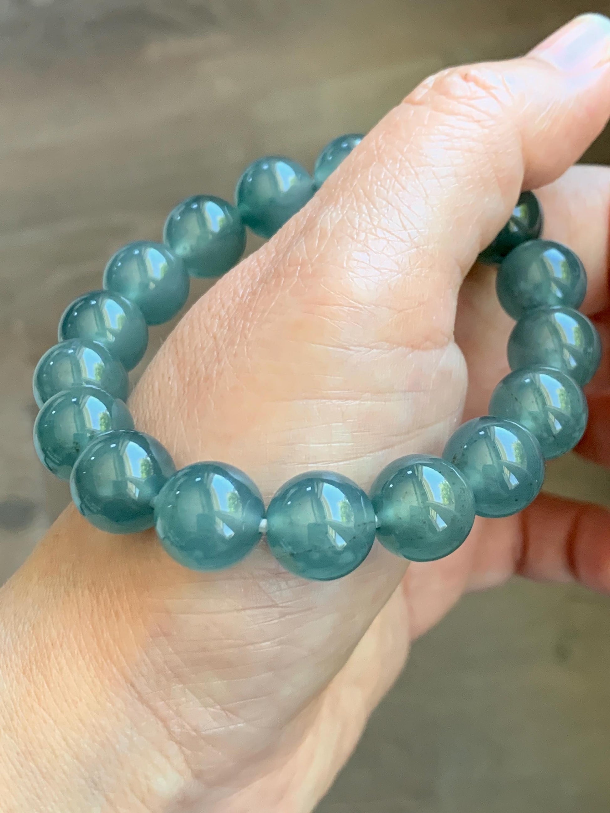Certified Natural Grade A Guatemalan Icy Highly Translucent Teal Green Jade Jadeite Beads Beaded Bracelet 11.7mm 7.25” 47g 天然冰胶起光危晴蓝翡翠手串 459