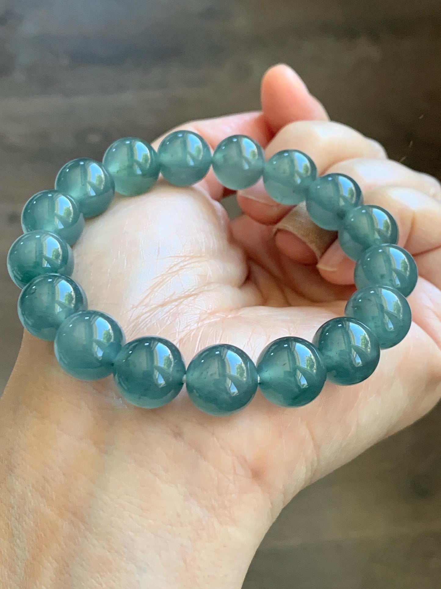 Certified Natural Grade A Guatemalan Icy Highly Translucent Teal Green Jade Jadeite Beads Beaded Bracelet 11.7mm 7.25” 47g 天然冰胶起光危晴蓝翡翠手串 459