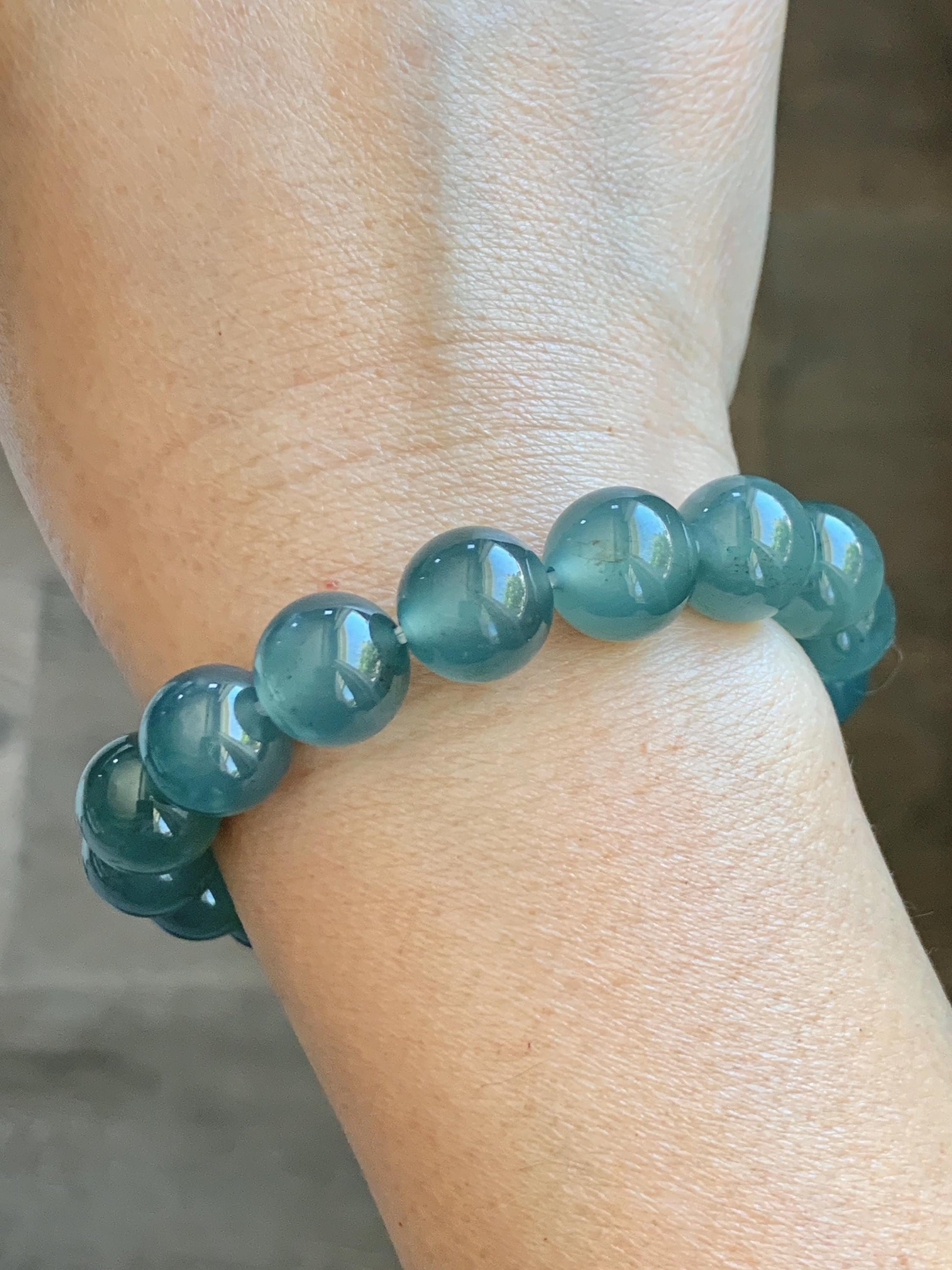 Certified Natural Grade A Guatemalan Icy Highly Translucent Teal Green Jade Jadeite Beads Beaded Bracelet 11.7mm 7.25” 47g 天然冰胶起光危晴蓝翡翠手串 459