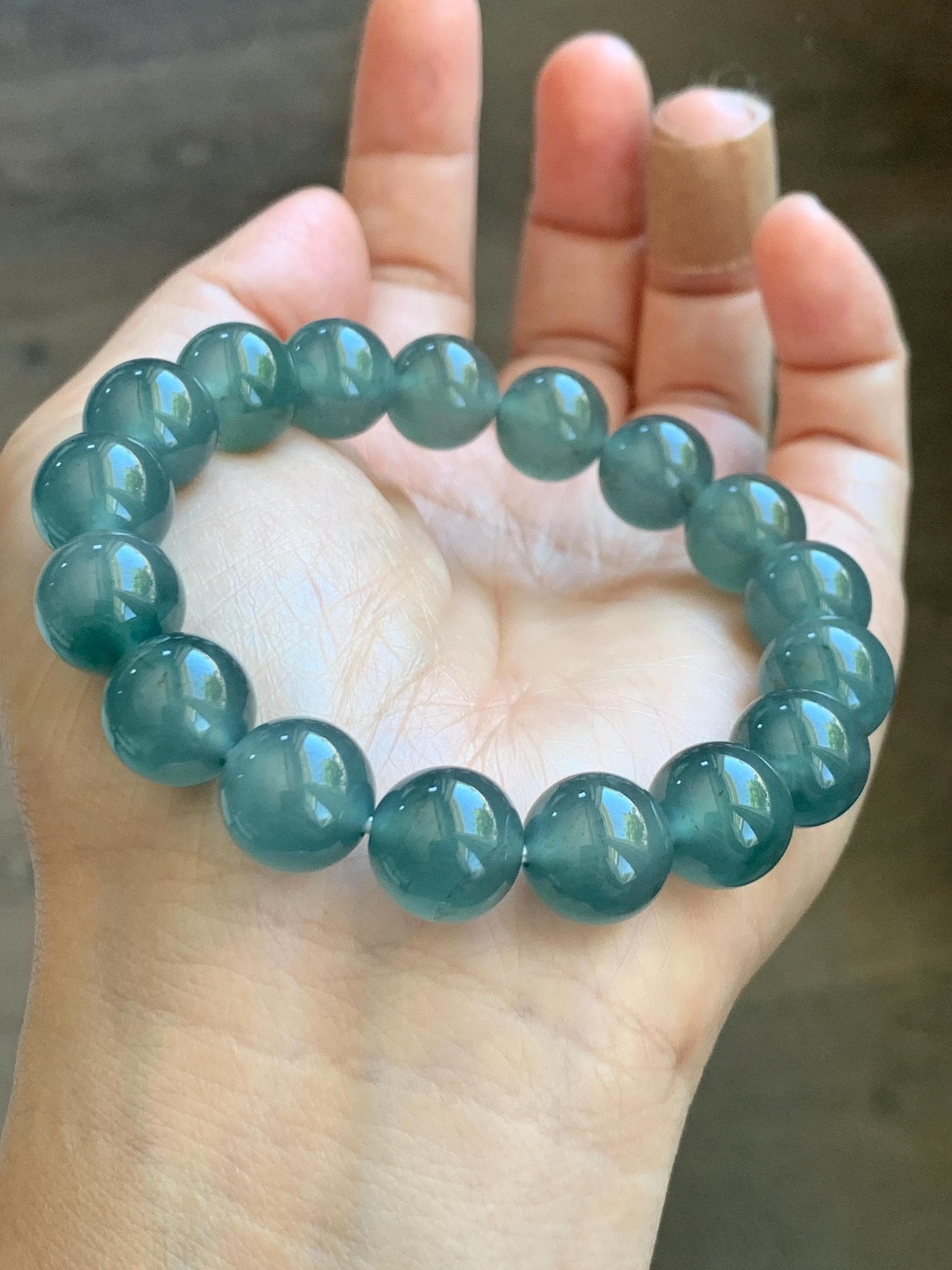 Certified Natural Grade A Guatemalan Icy Highly Translucent Teal Green Jade Jadeite Beads Beaded Bracelet 11.7mm 7.25” 47g 天然冰胶起光危晴蓝翡翠手串 459