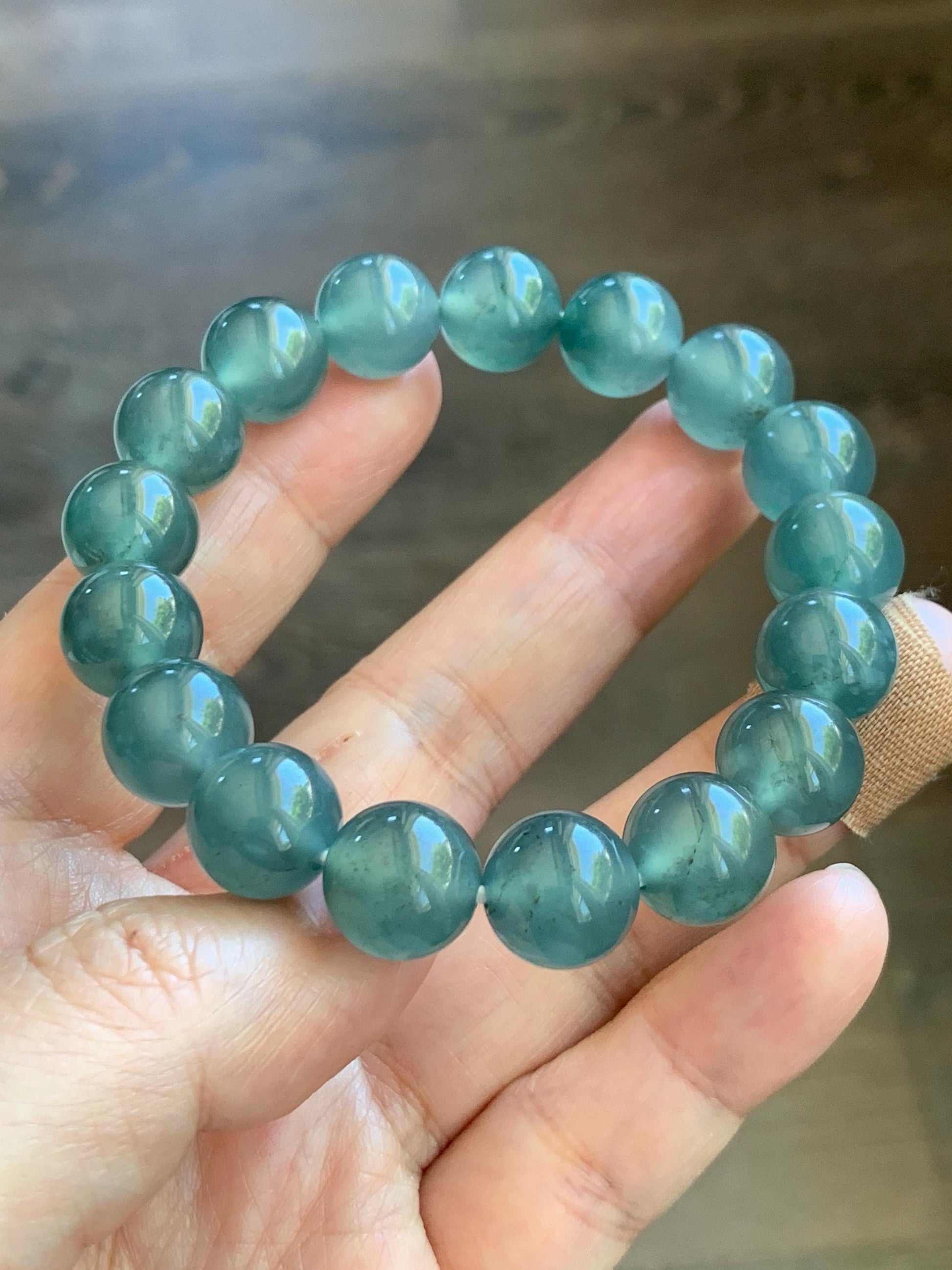 Certified Natural Grade A Guatemalan Icy Highly Translucent Teal Green Jade Jadeite Beads Beaded Bracelet 11.7mm 7.25” 47g 天然冰胶起光危晴蓝翡翠手串 459