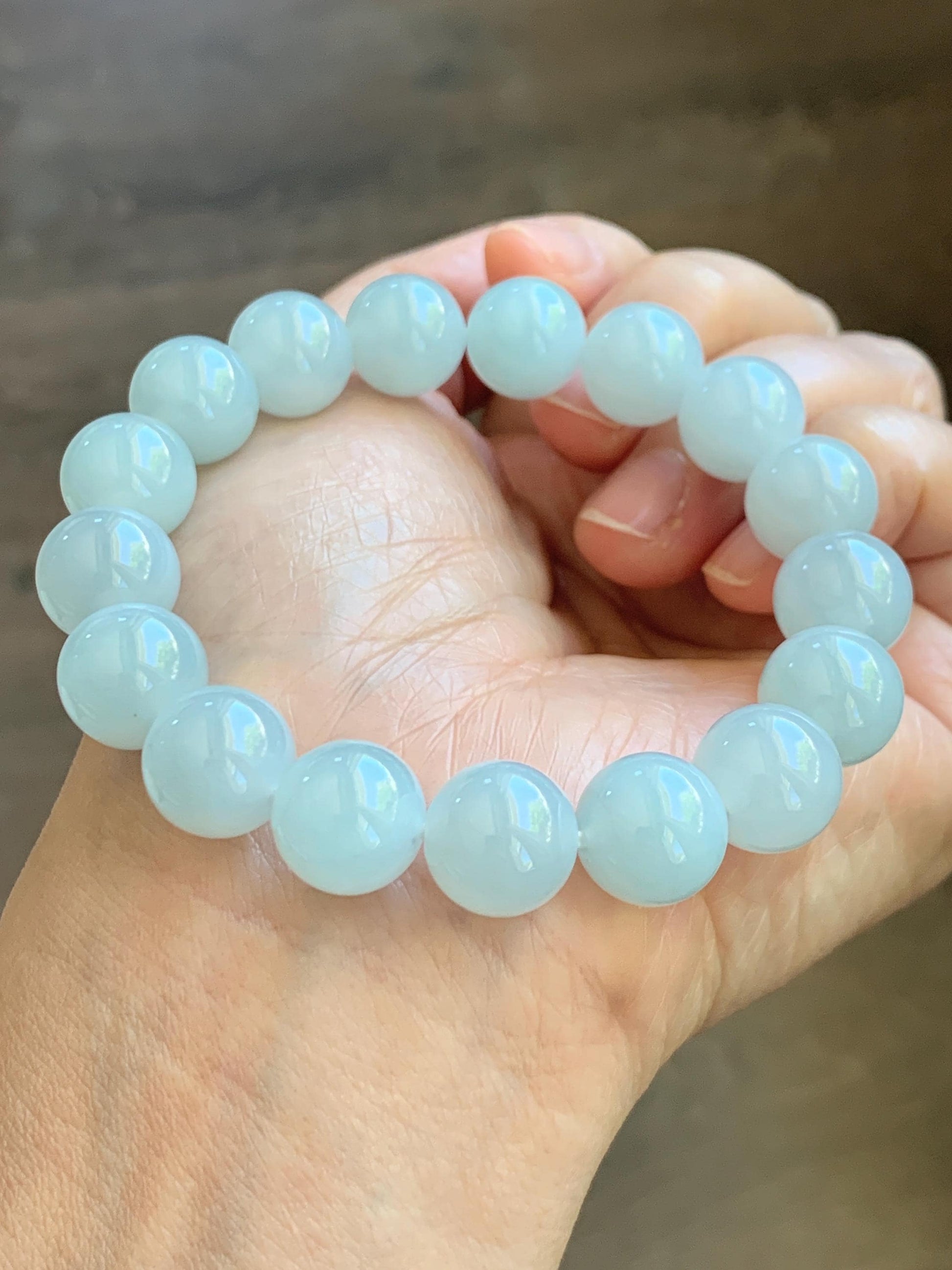 Certified Natural Grade A Icy Translucent Pastel Dusty Blue Jade Jadeite Large Beads Beaded Bracelet 11.8mm 7.25” 48g 天然老种冰胶淡蓝翡翠圆珠手串 456