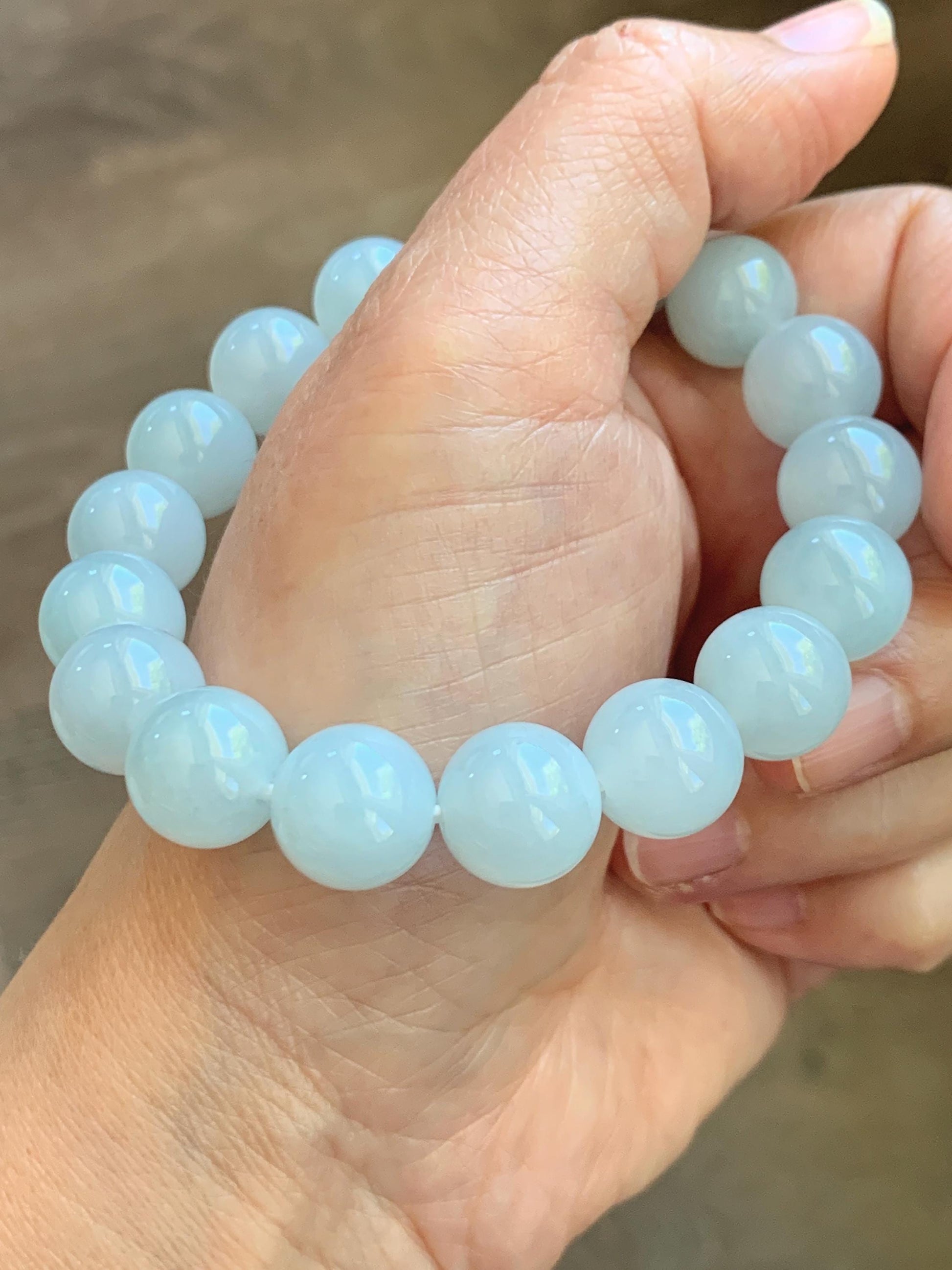 Certified Natural Grade A Icy Translucent Pastel Dusty Blue Jade Jadeite Large Beads Beaded Bracelet 11.8mm 7.25” 48g 天然老种冰胶淡蓝翡翠圆珠手串 456