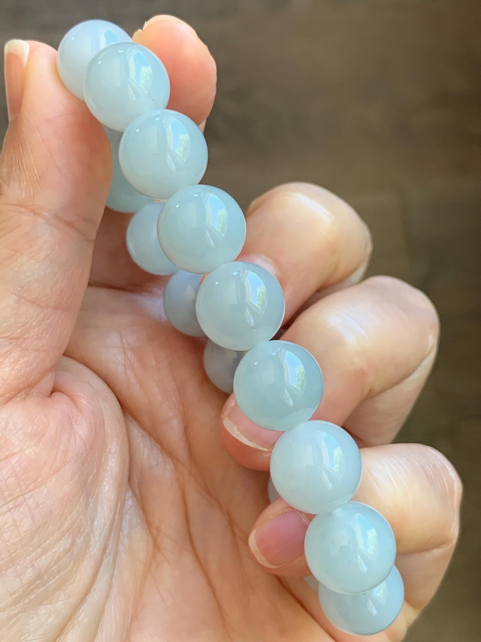 Certified Natural Grade A Icy Translucent Pastel Dusty Blue Jade Jadeite Large Beads Beaded Bracelet 11.8mm 7.25” 48g 天然老种冰胶淡蓝翡翠圆珠手串 456