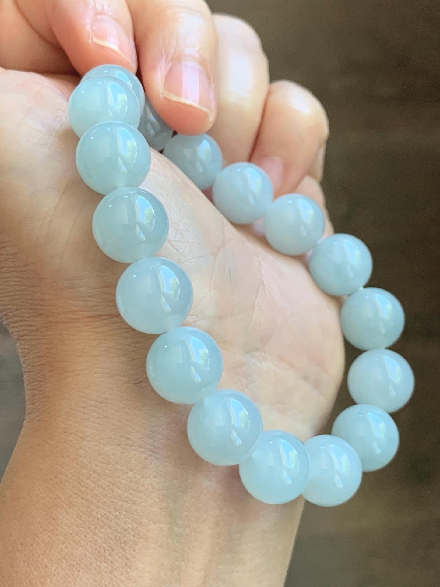 Certified Natural Grade A Icy Translucent Pastel Dusty Blue Jade Jadeite Large Beads Beaded Bracelet 11.8mm 7.25” 48g 天然老种冰胶淡蓝翡翠圆珠手串 456