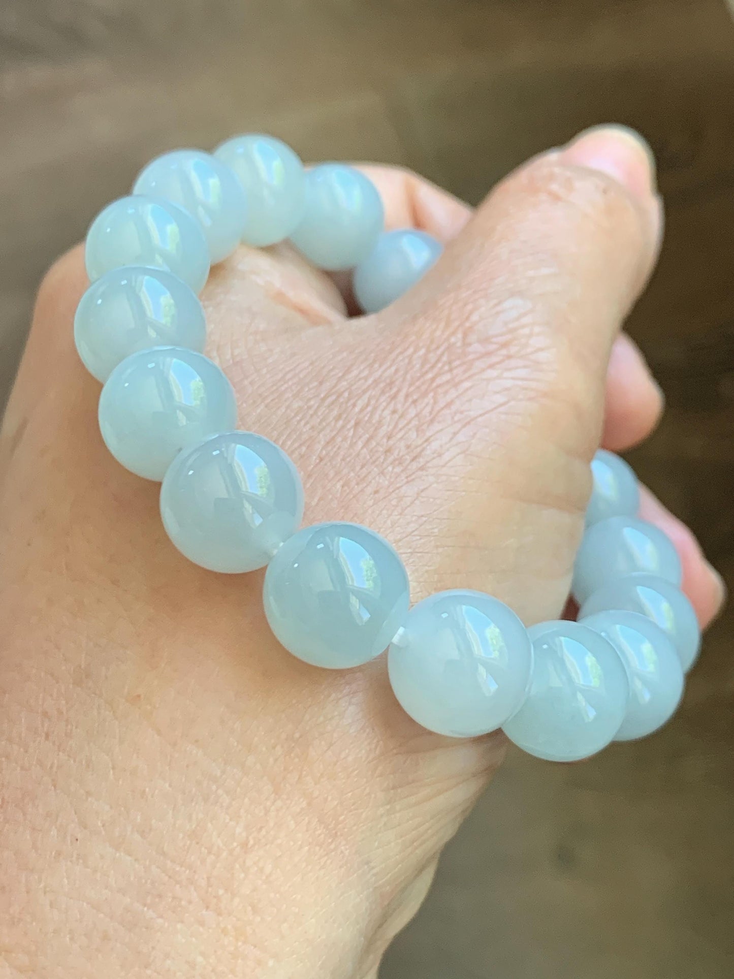 Certified Natural Grade A Icy Translucent Pastel Dusty Blue Jade Jadeite Large Beads Beaded Bracelet 11.8mm 7.25” 48g 天然老种冰胶淡蓝翡翠圆珠手串 456