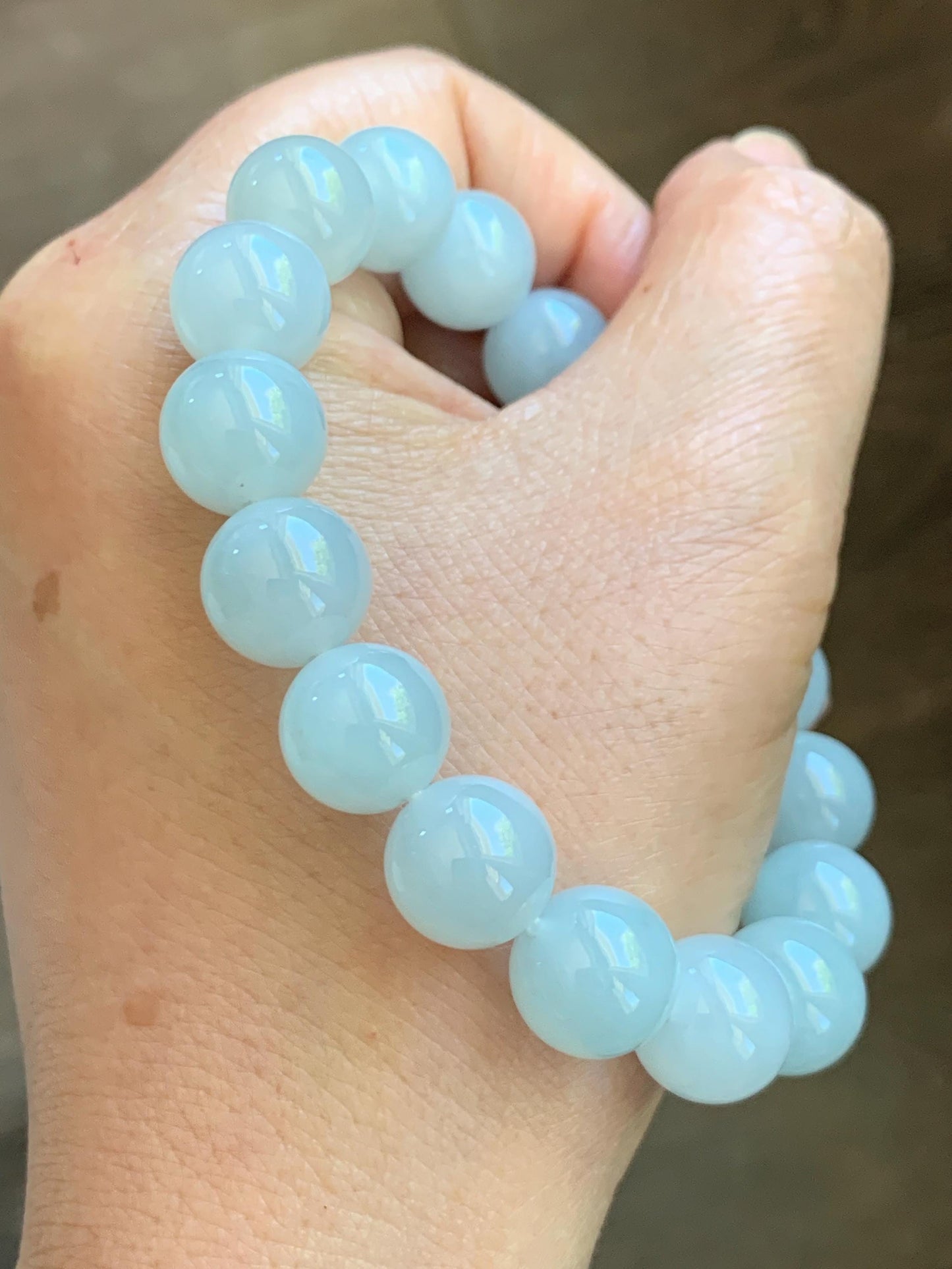 Certified Natural Grade A Icy Translucent Pastel Dusty Blue Jade Jadeite Large Beads Beaded Bracelet 11.8mm 7.25” 48g 天然老种冰胶淡蓝翡翠圆珠手串 456