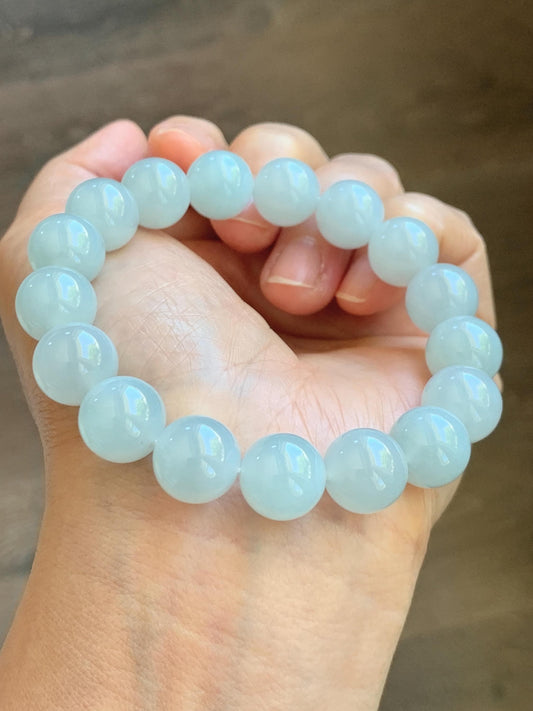 Certified Natural Grade A Icy Translucent Pastel Dusty Blue Jade Jadeite Large Beads Beaded Bracelet 11.8mm 7.25” 48g 天然老种冰胶淡蓝翡翠圆珠手串 456