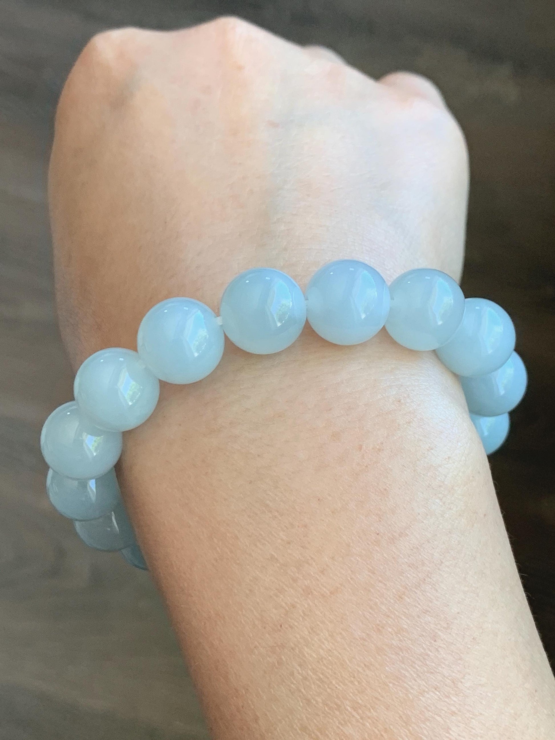 Certified Natural Grade A Icy Translucent Pastel Dusty Blue Jade Jadeite Large Beads Beaded Bracelet 11.8mm 7.25” 48g 天然老种冰胶淡蓝翡翠圆珠手串 456