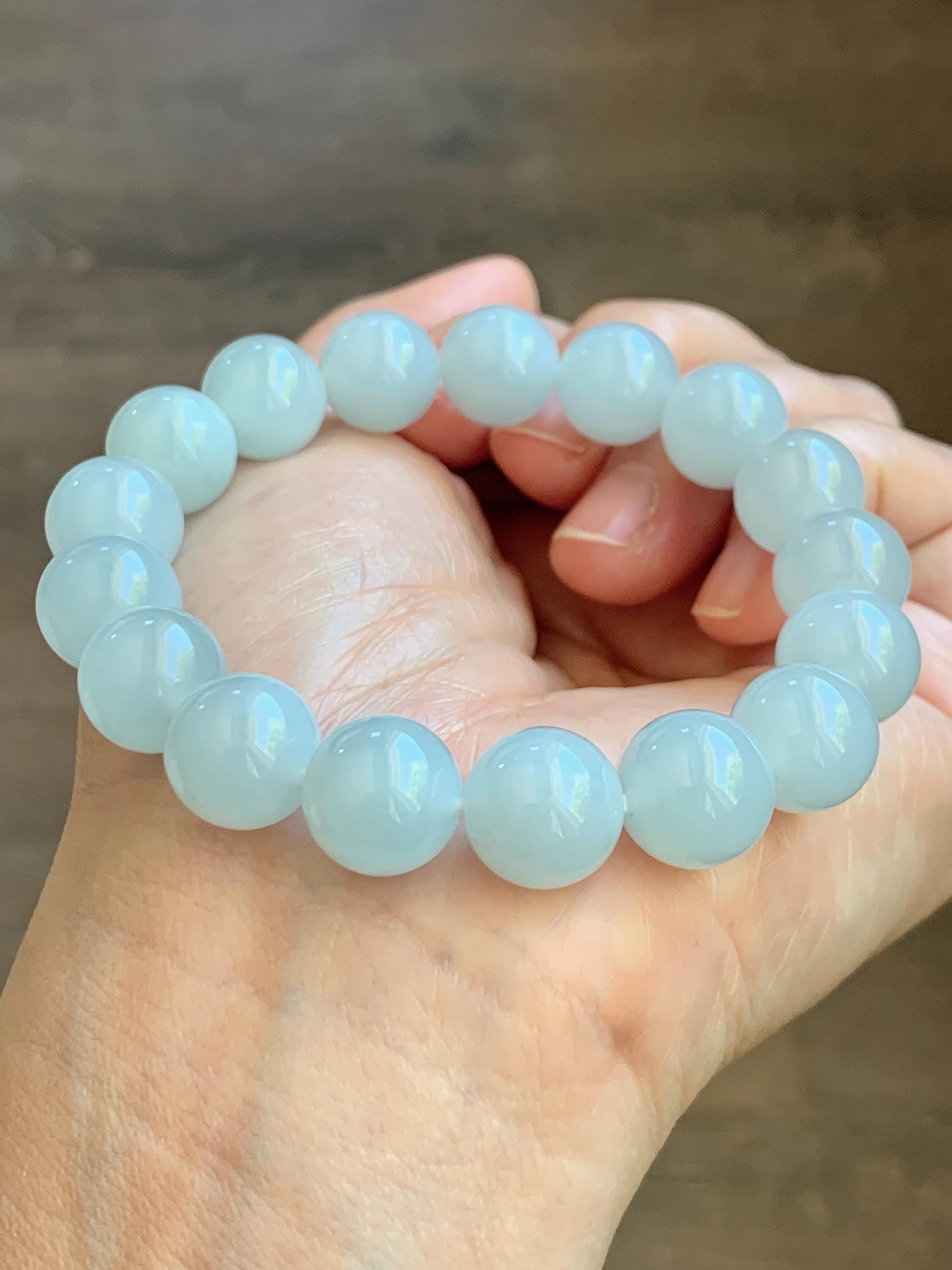 Certified Natural Grade A Icy Translucent Pastel Dusty Blue Jade Jadeite Large Beads Beaded Bracelet 11.8mm 7.25” 48g 天然老种冰胶淡蓝翡翠圆珠手串 455