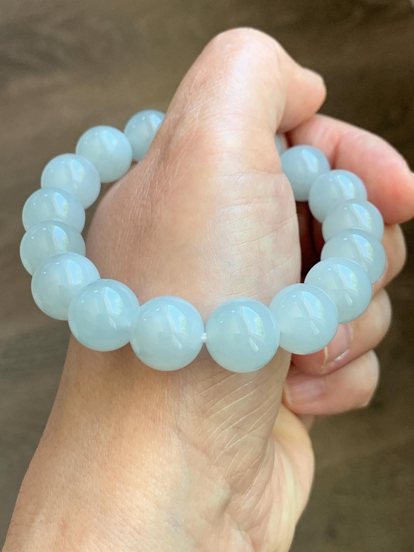 Certified Natural Grade A Icy Translucent Pastel Dusty Blue Jade Jadeite Large Beads Beaded Bracelet 11.8mm 7.25” 48g 天然老种冰胶淡蓝翡翠圆珠手串 455