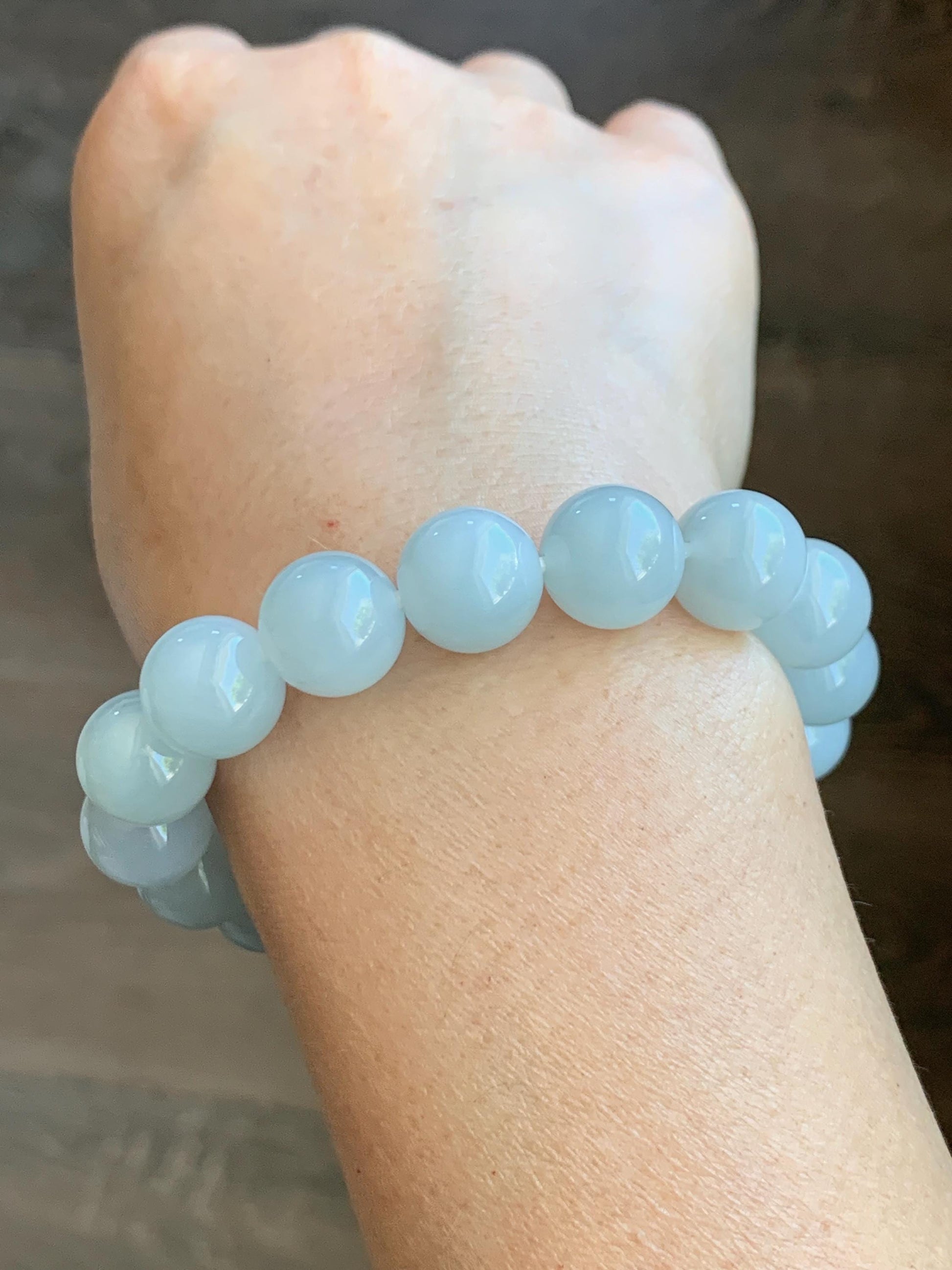 Certified Natural Grade A Icy Translucent Pastel Dusty Blue Jade Jadeite Large Beads Beaded Bracelet 11.8mm 7.25” 48g 天然老种冰胶淡蓝翡翠圆珠手串 455
