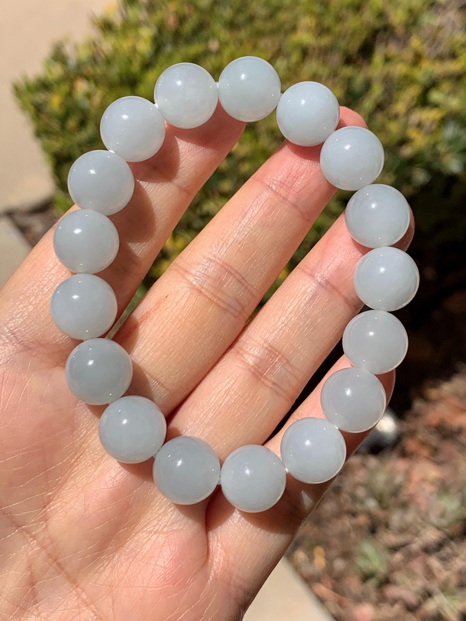 Certified Natural Grade A Icy Translucent Pastel Dusty Blue Jade Jadeite Large Beads Beaded Bracelet 11.8mm 7.25” 48g 天然老种冰胶淡蓝翡翠圆珠手串 455