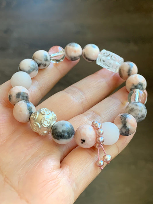 Natural Rose Quartz Pink Zebra Jasper Beaded Healing Bracelet Sterling Silver Natural Freshwater Pearls 10mm 7” 31g 天然水晶粉斑马碧玉珍珠能量手串 FJM80
