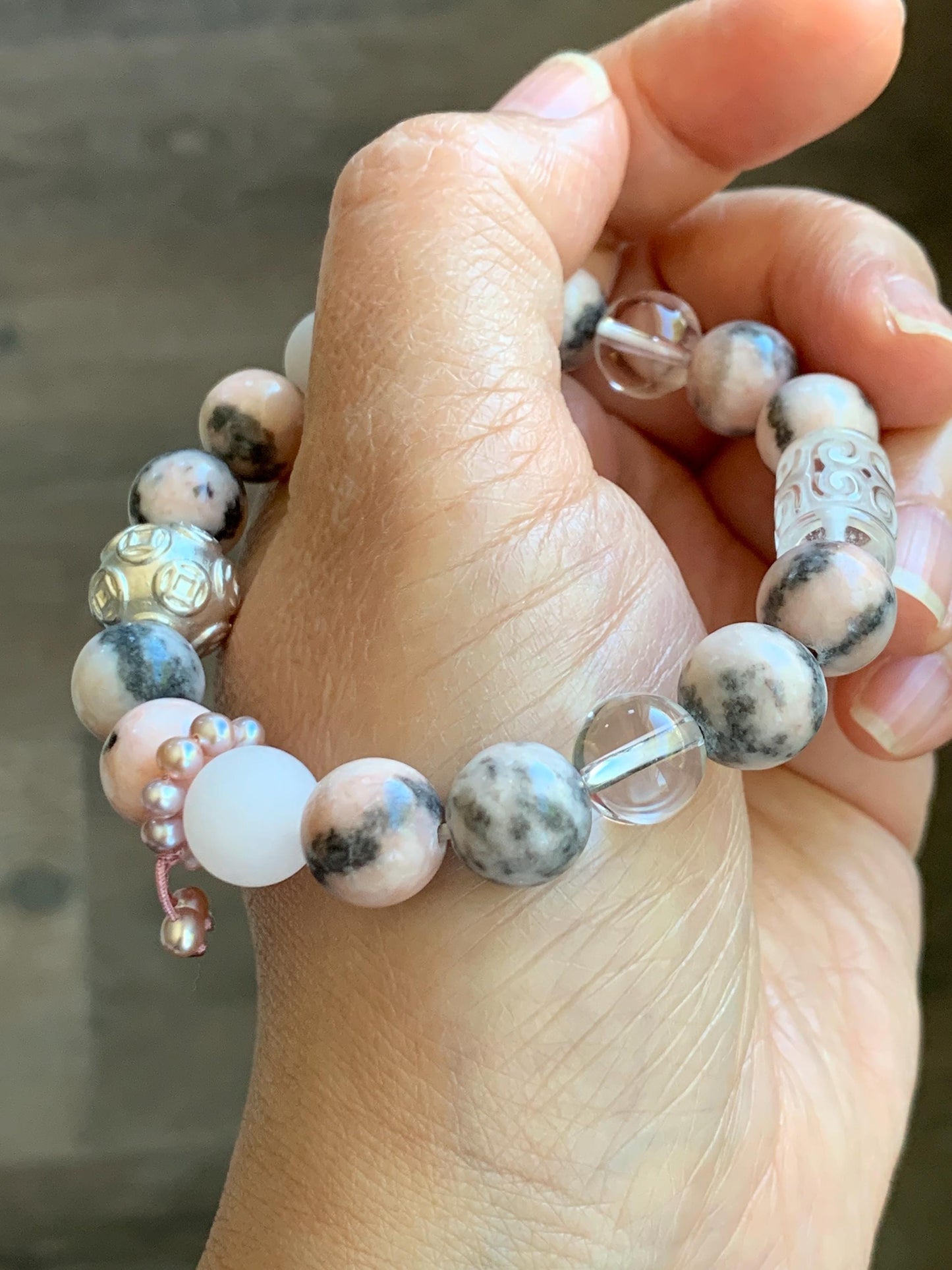 Natural Rose Quartz Pink Zebra Jasper Beaded Healing Bracelet Sterling Silver Natural Freshwater Pearls 10mm 7” 31g 天然水晶粉斑马碧玉珍珠能量手串 FJM80