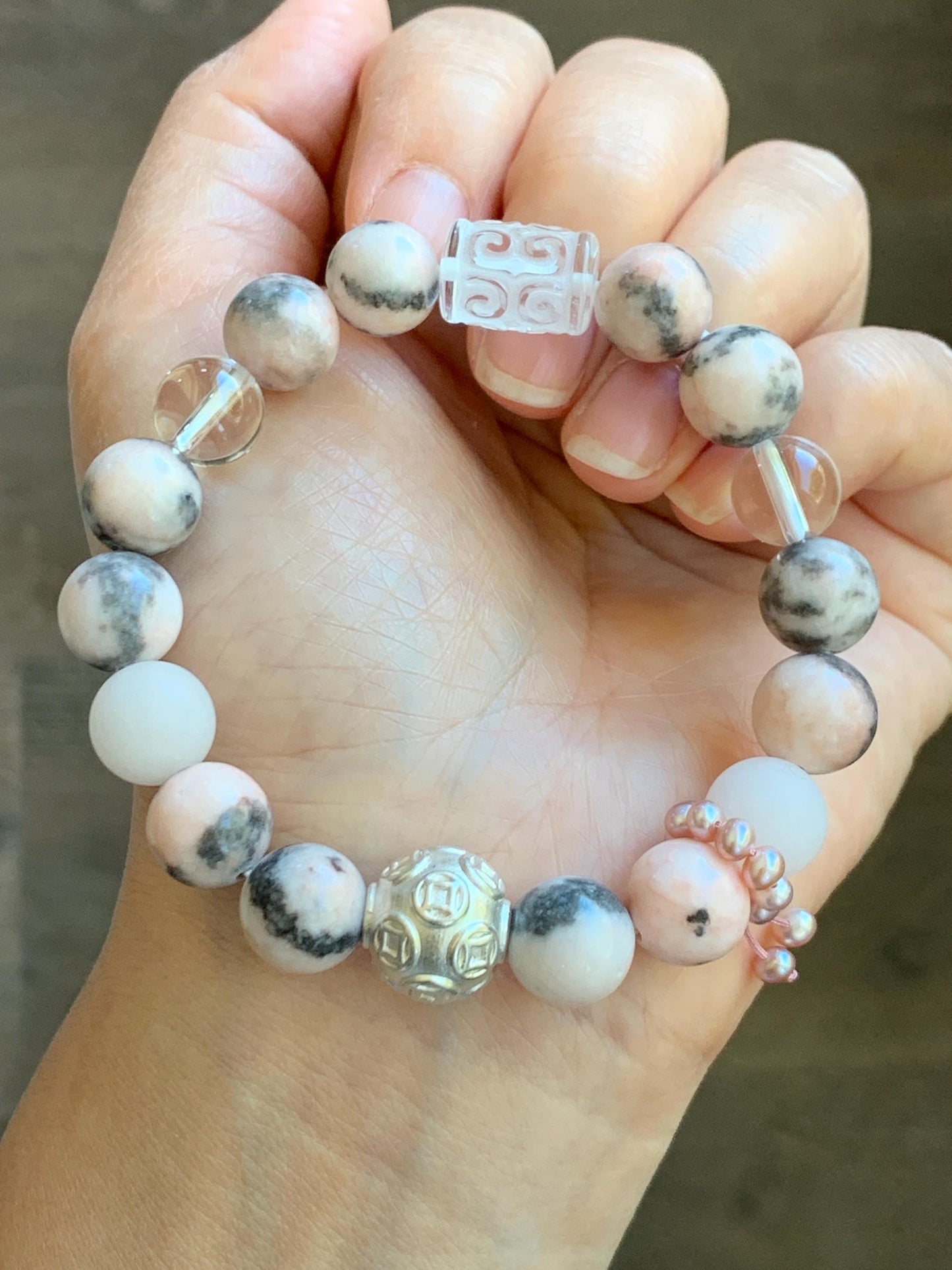 Natural Rose Quartz Pink Zebra Jasper Beaded Healing Bracelet Sterling Silver Natural Freshwater Pearls 10mm 7” 31g 天然水晶粉斑马碧玉珍珠能量手串 FJM80