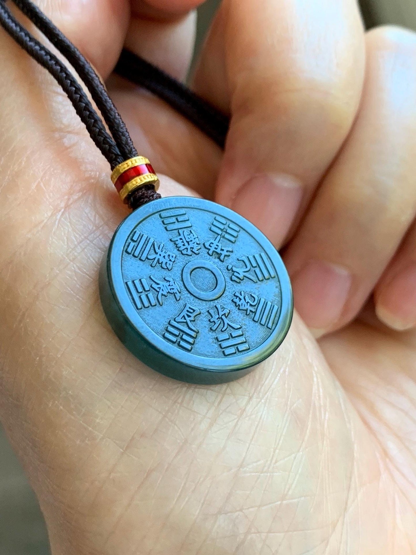 Natural Grade A Guatemalan Icy Dark Teal Blue Jade Jadeite Mountain Ghost Eight Trigrams Coin Pendant Rope Necklace 天然冰危蓝绿翡翠精工山鬼币吊坠 WSGA