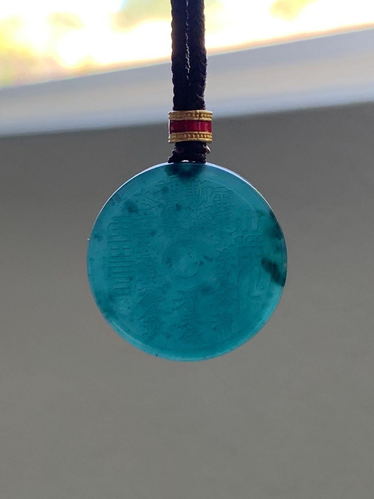 Natural Grade A Guatemalan Icy Dark Teal Blue Jade Jadeite Mountain Ghost Eight Trigrams Coin Pendant Rope Necklace 天然冰危蓝绿翡翠精工山鬼币吊坠 WSGA