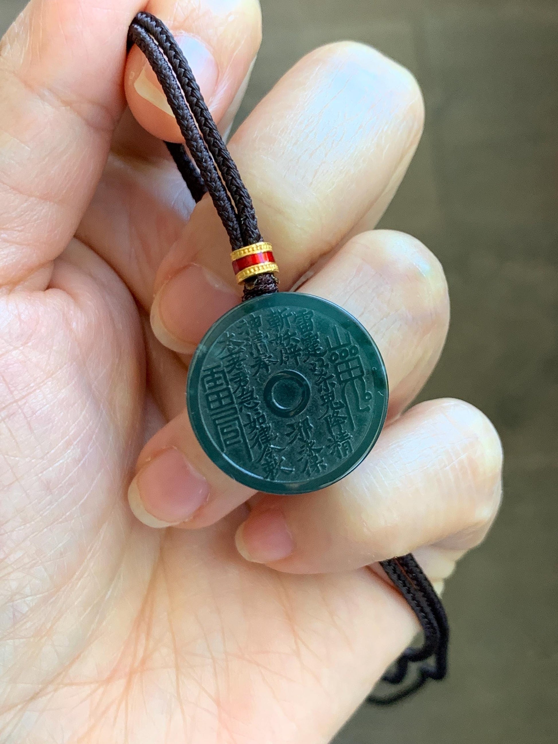 Natural Grade A Guatemalan Icy Dark Teal Blue Jade Jadeite Mountain Ghost Eight Trigrams Coin Pendant Rope Necklace 天然冰危蓝绿翡翠精工山鬼币吊坠 WSGA