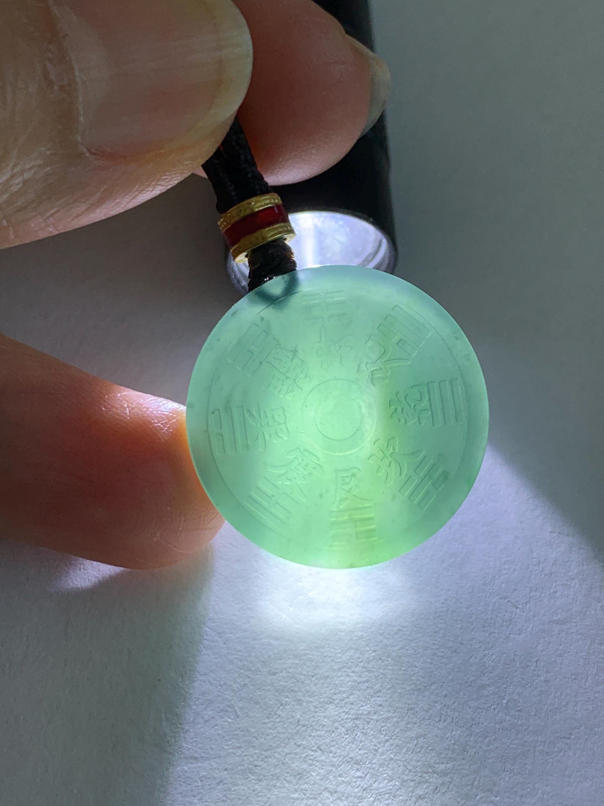 Natural Grade A Guatemalan Icy Dark Teal Blue Jade Jadeite Mountain Ghost Eight Trigrams Coin Pendant Rope Necklace 天然冰危蓝绿翡翠精工山鬼币吊坠 WSGB