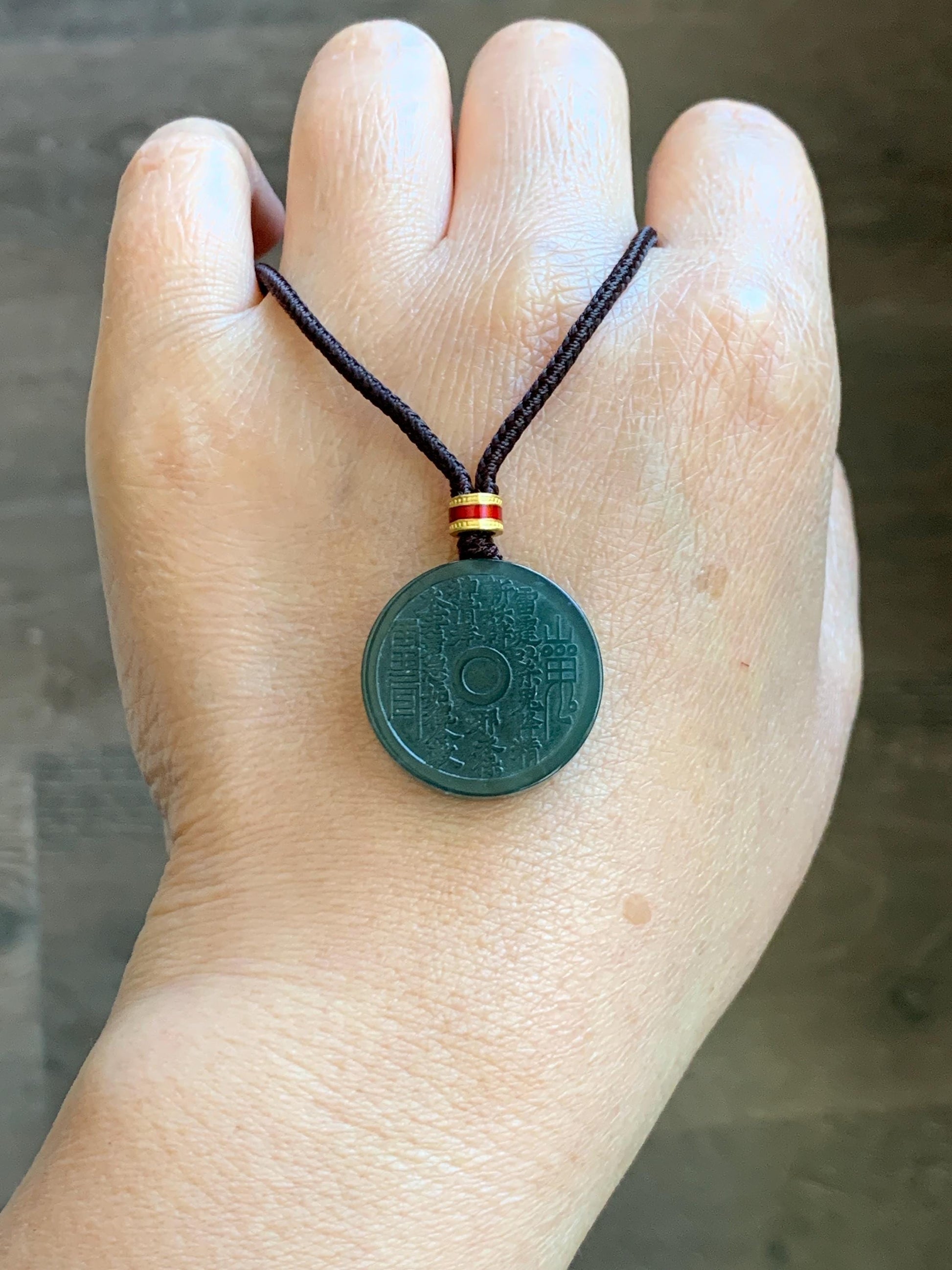 Natural Grade A Guatemalan Icy Dark Teal Blue Jade Jadeite Mountain Ghost Eight Trigrams Coin Pendant Rope Necklace 天然冰危蓝绿翡翠精工山鬼币吊坠 WSGB