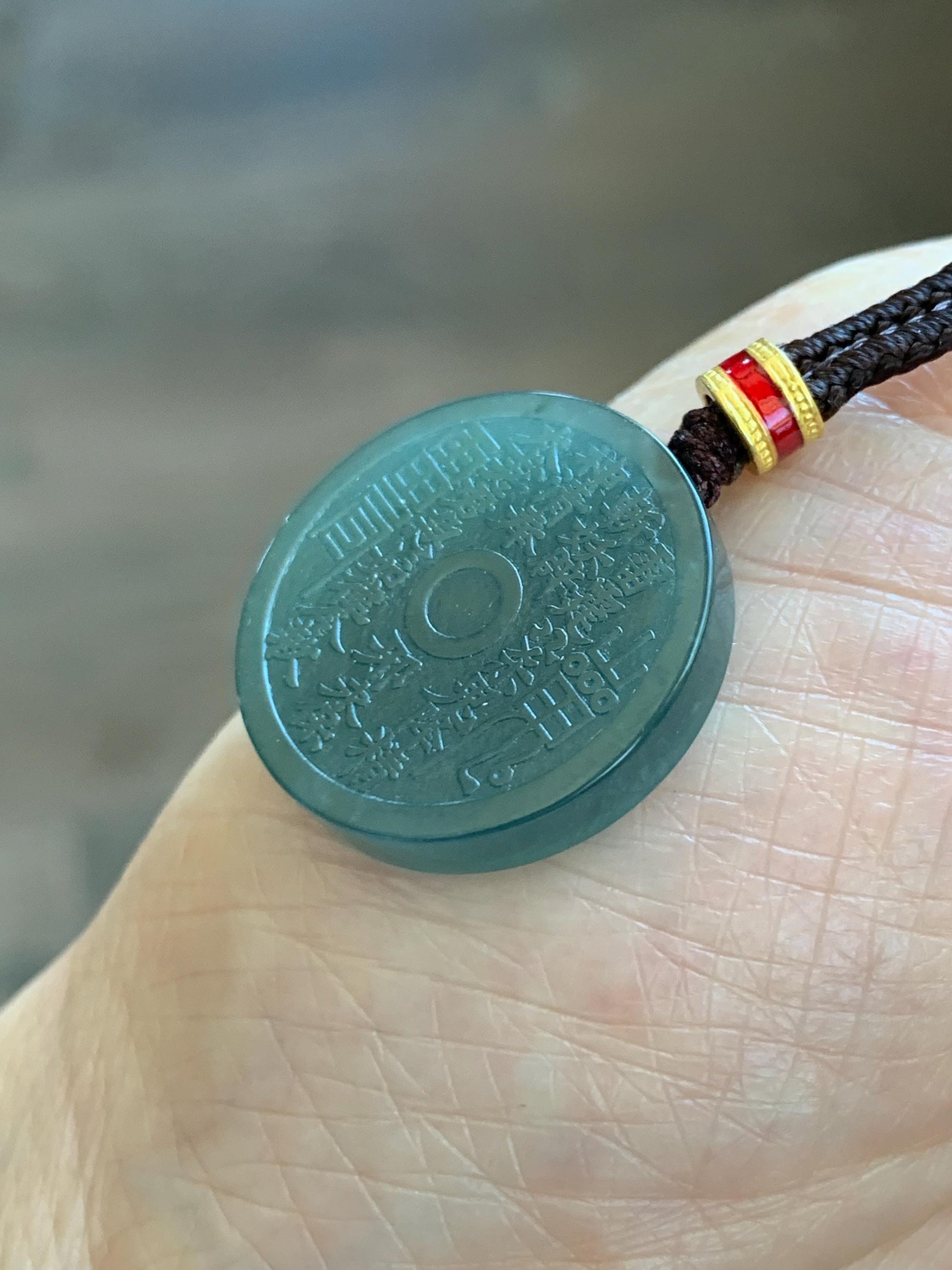Natural Grade A Guatemalan Icy Dark Teal Blue Jade Jadeite Mountain Ghost Eight Trigrams Coin Pendant Rope Necklace 天然冰危蓝绿翡翠精工山鬼币吊坠 WSGB