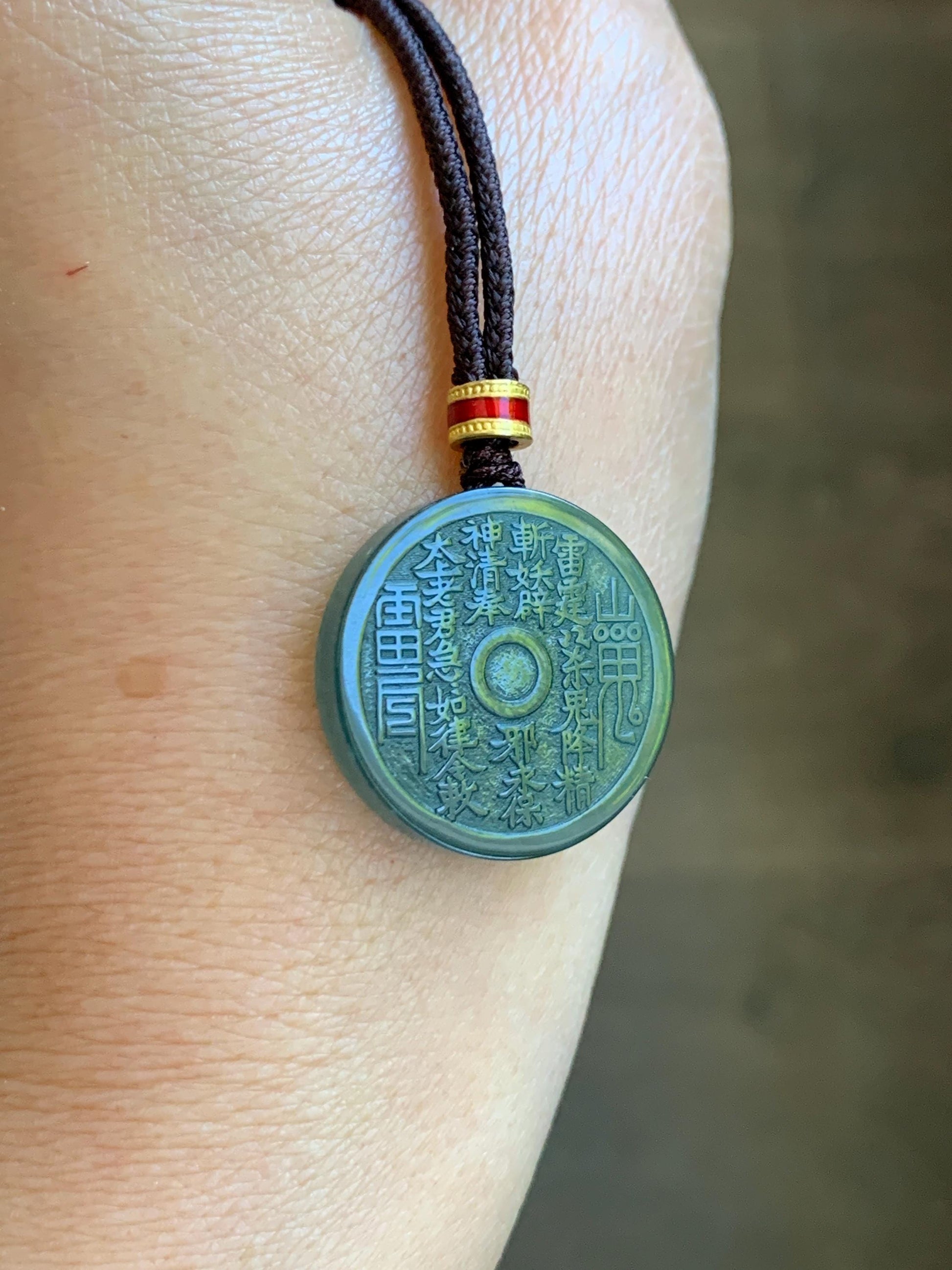 Natural Grade A Guatemalan Icy Dark Teal Blue Jade Jadeite Mountain Ghost Eight Trigrams Coin Pendant Rope Necklace 天然冰危蓝绿翡翠精工山鬼币吊坠 WSGB