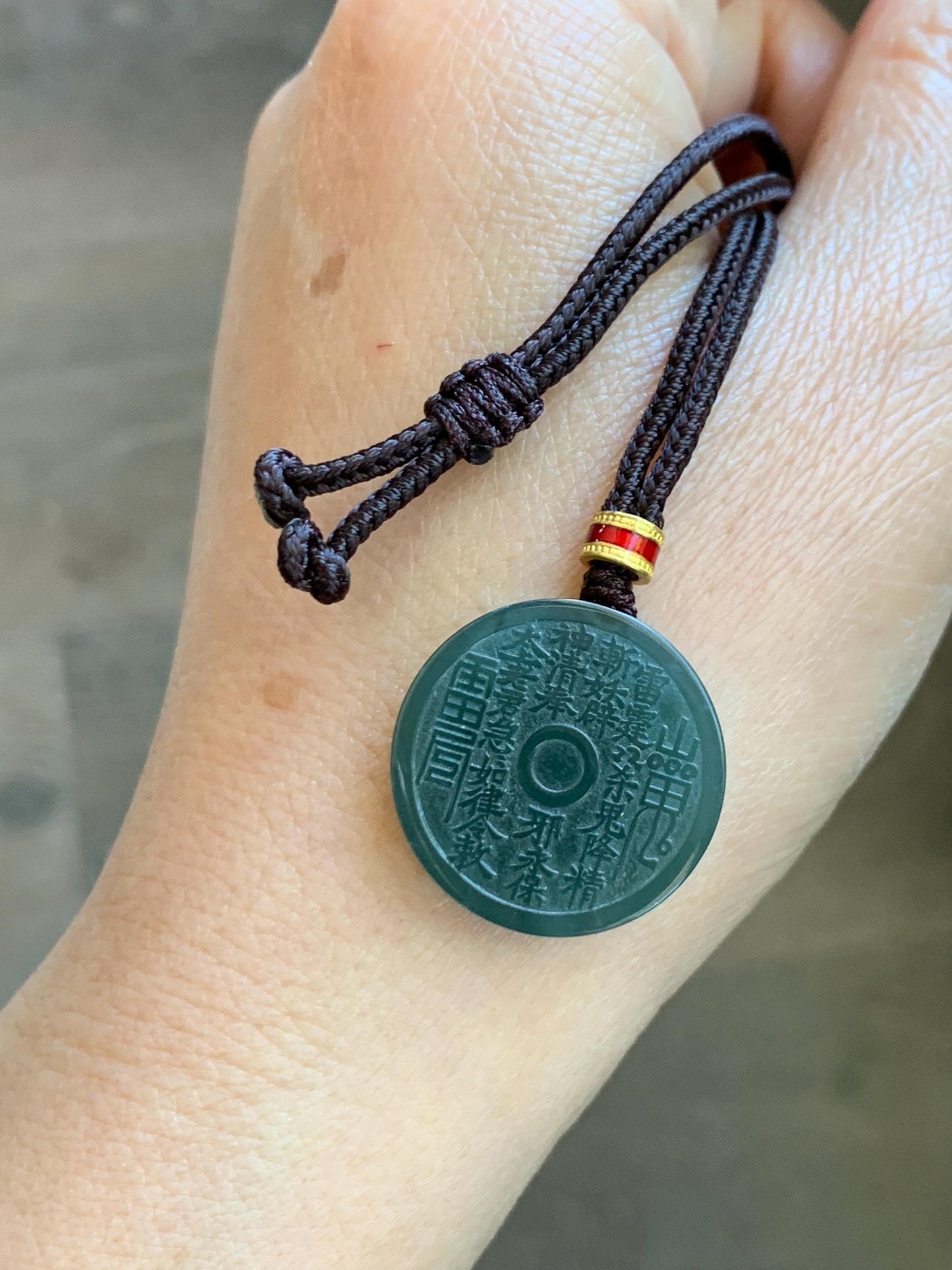 Natural Grade A Guatemalan Icy Dark Teal Blue Jade Jadeite Mountain Ghost Eight Trigrams Coin Pendant Rope Necklace 天然冰危蓝绿翡翠精工山鬼币吊坠 WSGB